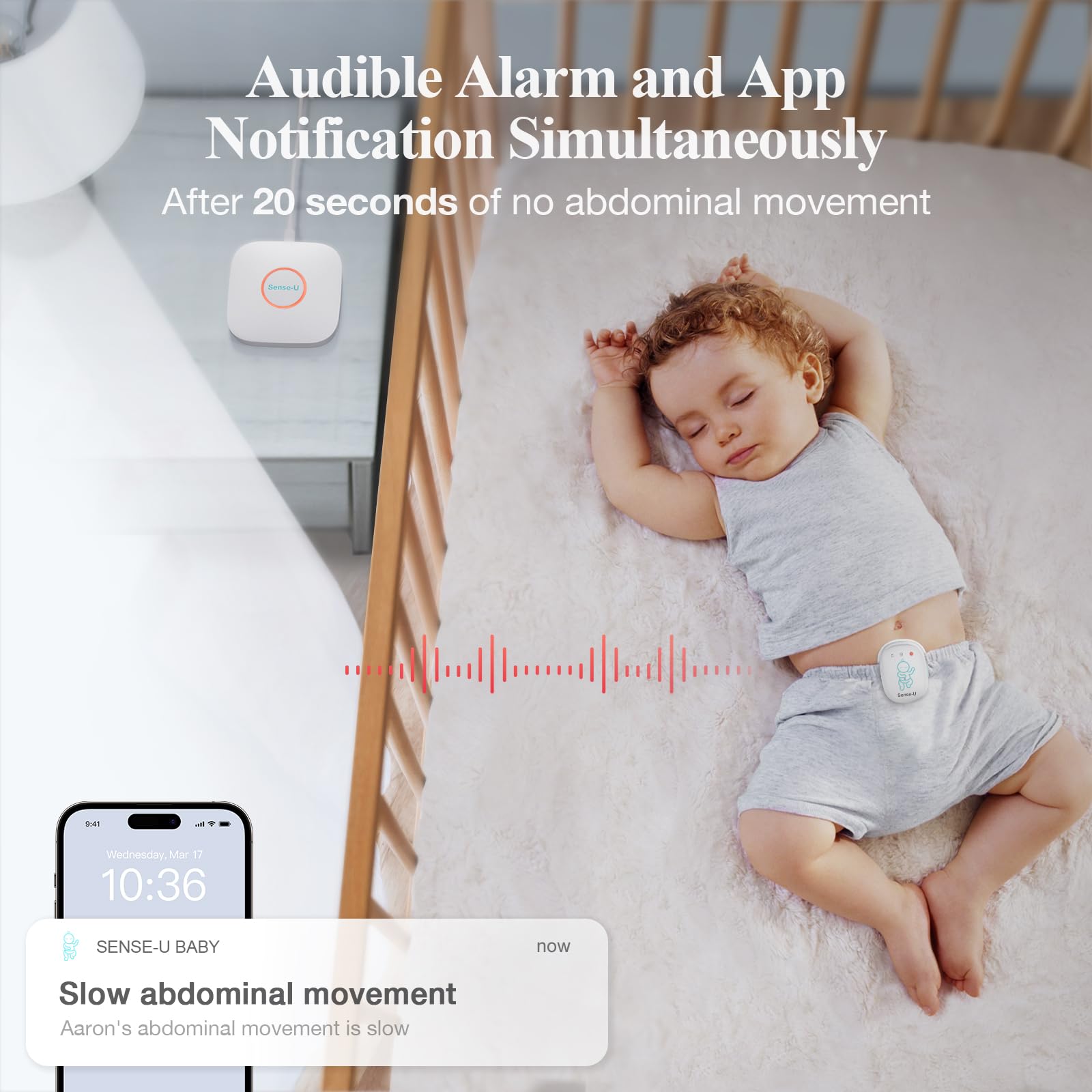 Sense-U Smart Baby Monitor Pro with Long Range, Arousal Vibration & App Alerts – Tracks Breathing, Rollover, Sleep Position & Temperature – Wearable Infant Sleep Tracker for Peace of Mind at Home or Travel