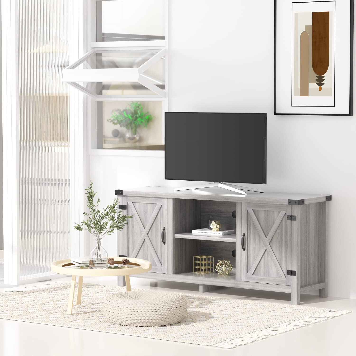 JUMMICO 65 Inch TV Stand - Farmhouse Style Entertainment Center with Double Barn Doors & Storage Cabinets, Media Console Table for Living Room & Bedroom (Grey) - Perfect for Rustic Home Decor & TV Organization
