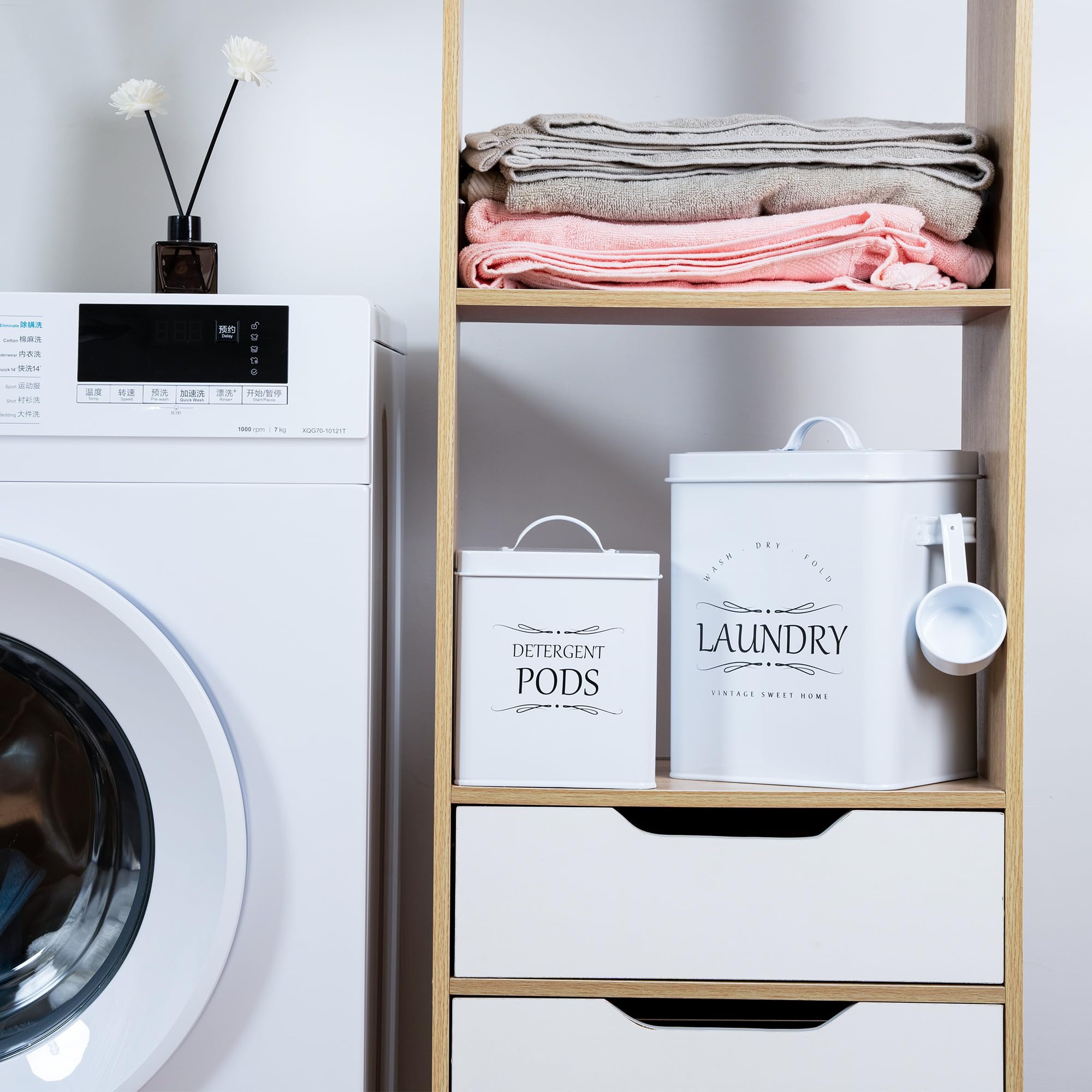 Meraki Home 2-Pack Laundry Detergent Container Set with Scoop - Storage Organizer for Detergent Sheets & Pods - Glossy White Laundry Room Organization - Perfect for Small Spaces & Apartment Living