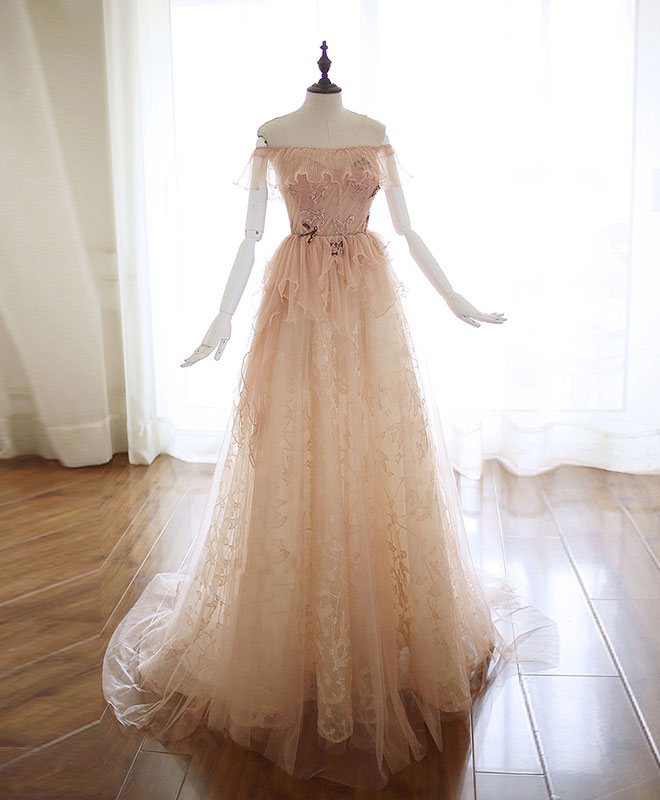 Elegant Champagne Tulle Lace Long Prom Dress & Evening Gown - Perfect for Homecoming, Wedding Guest, and Formal Events