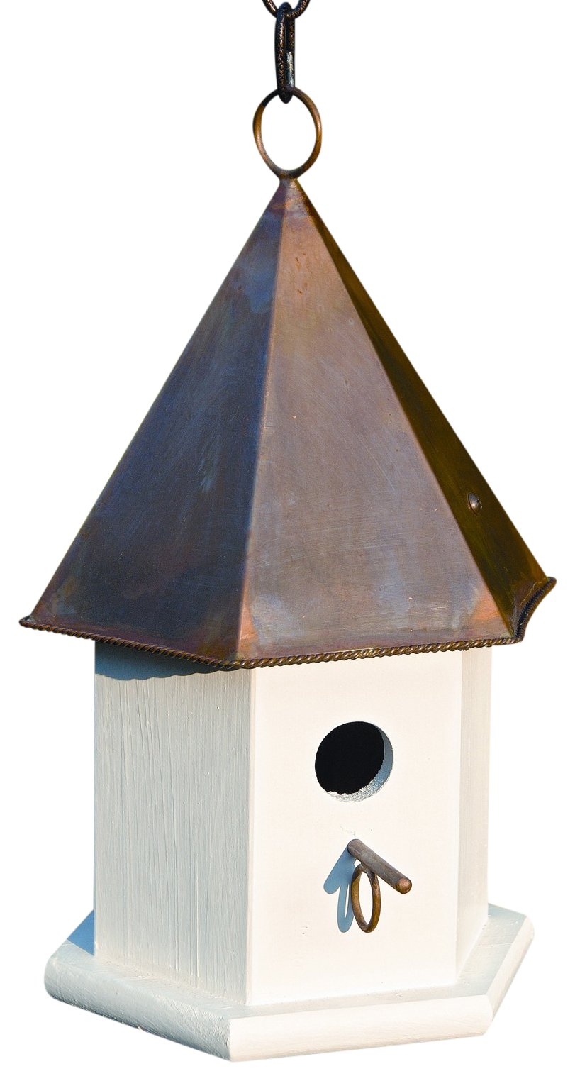 Handmade Copper Songbird Bird House with Rustic White & Brown Copper Roof - Perfect for Garden, Patio, and Backyard Decoration