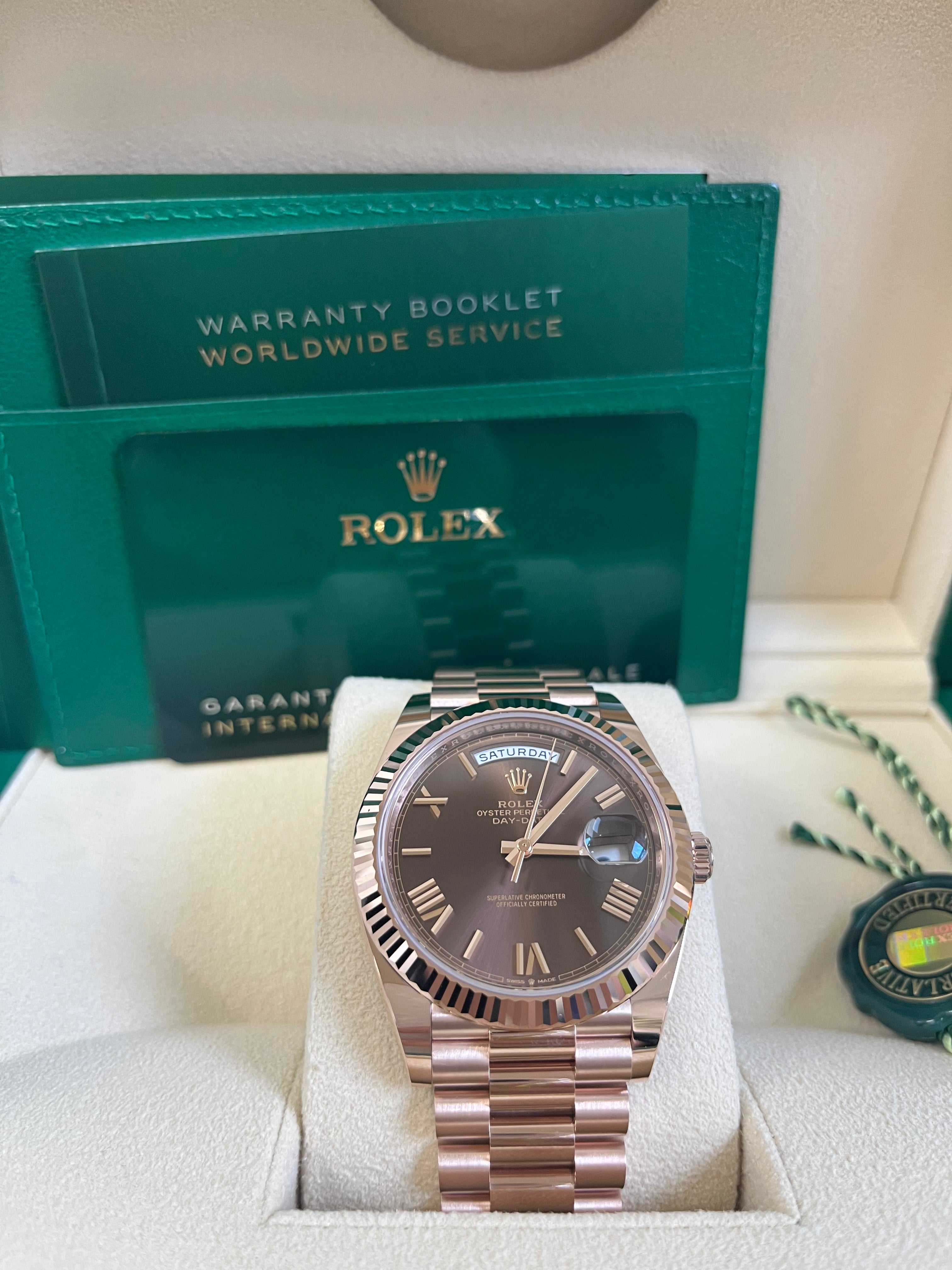 Rolex Day Date 40 Rose Gold Watch with Chocolate Roman Dial & Fluted Bezel (Ref# 228235) - Luxury Dress Watch for Business & Formal Occasions