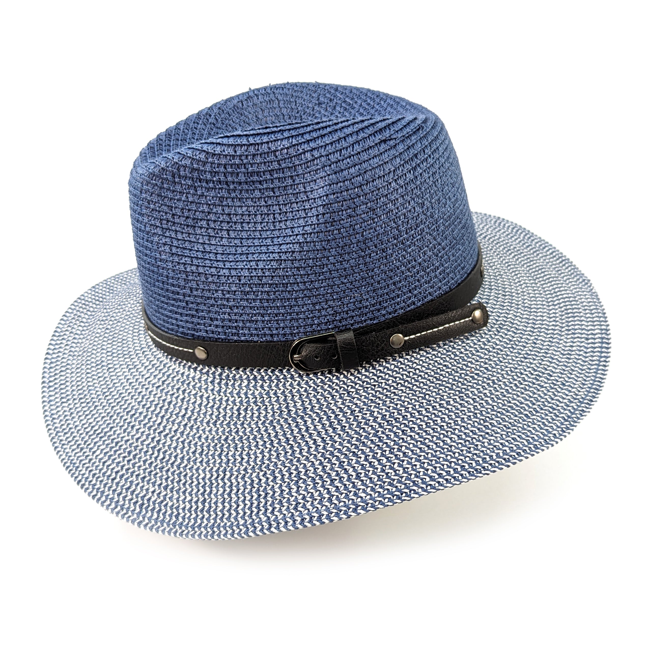 Two Tone Panama Foldable Hat for Men & Women - Mottled/Navy Blue with Adjustable Belt (57cm) - Perfect for Beach, Travel, and Outdoor Activities