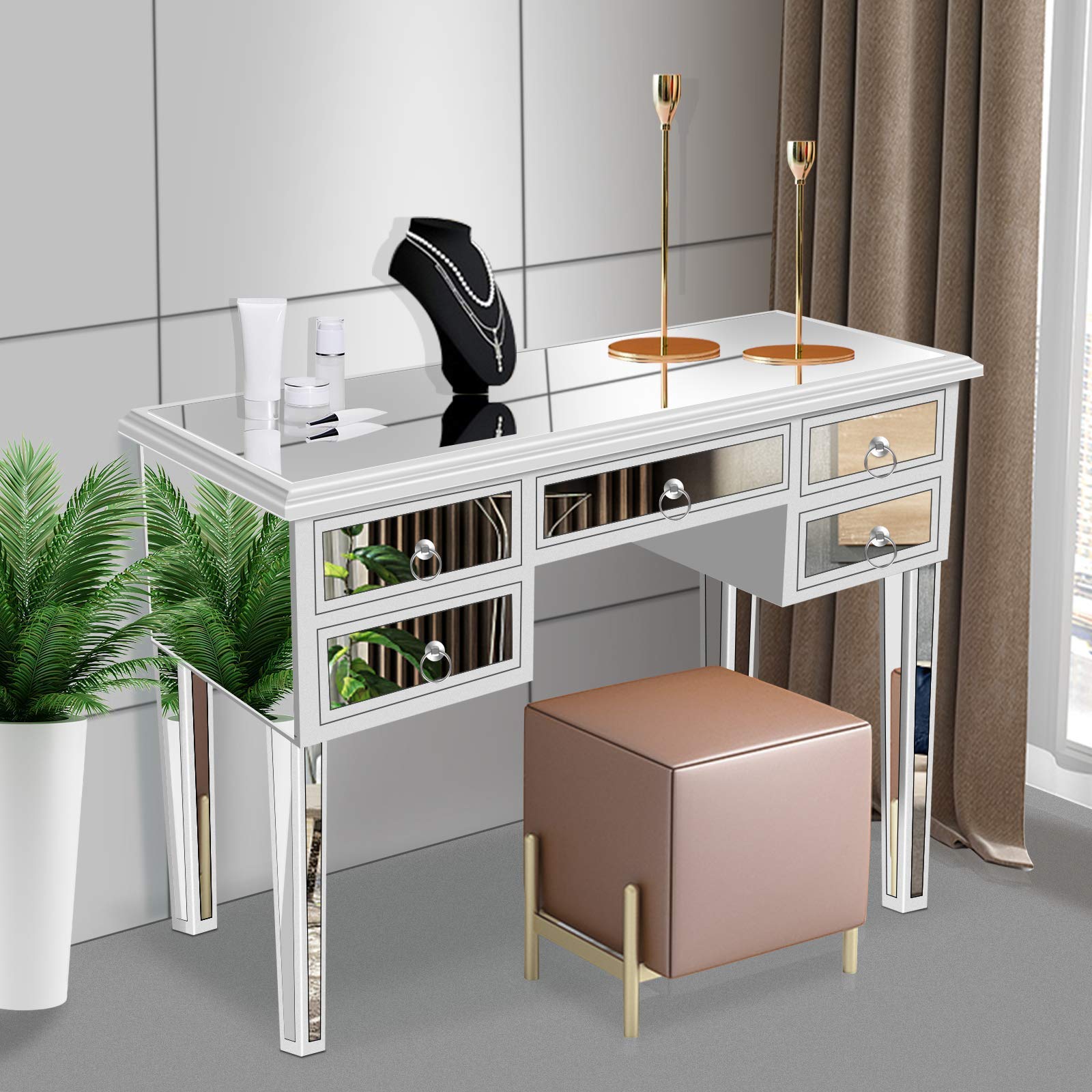 Henf Silver Mirrored Console Table with 5 Drawers - 41.73