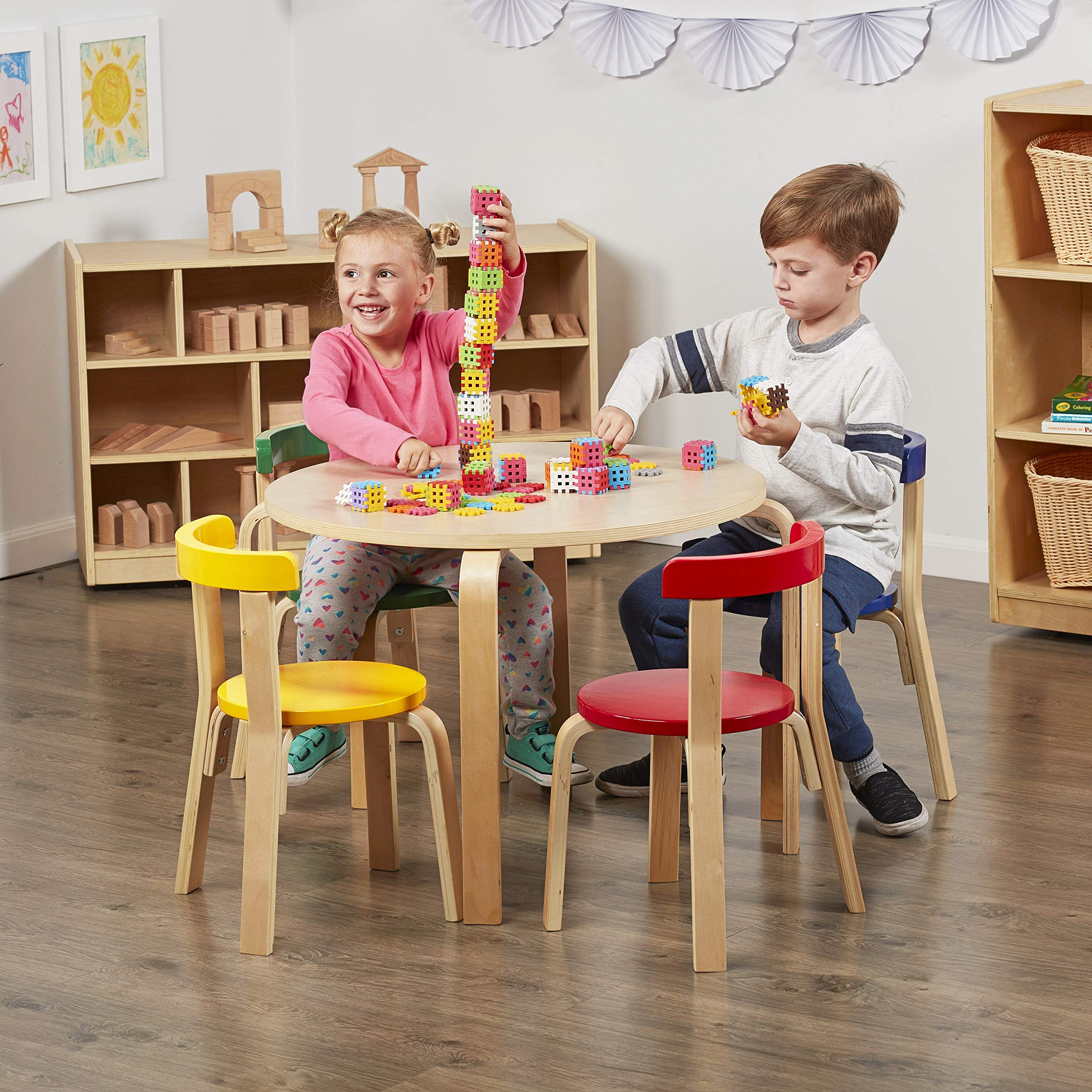 ECR4Kids Bentwood Round Table and Curved Back Chair Set - 5-Piece Kids Furniture for Classroom, Playroom & Daycare - Natural Wood Children's Table & Chairs for Learning & Play Activities