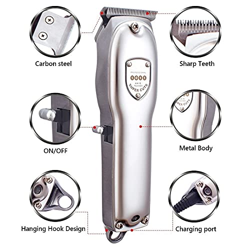 Professional Rechargeable Electric Hair Clipper & Beard Trimmer for Men - Low Noise Hair Cutting Machine with P93140-Silver-Box - Perfect for Home Barbering, DIY Haircuts & Grooming