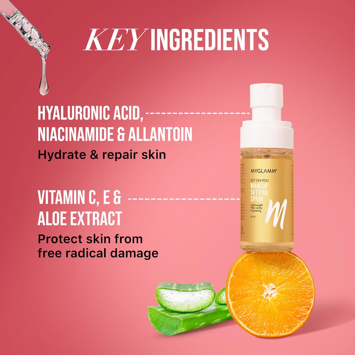 MyGlamm Set On You Setting Spray (60ml) – Long Lasting Makeup Fixer with Hyaluronic Acid, Niacinamide & Aloe Vera for All Skin Types | Perfect for Weddings, Parties & Daily Wear