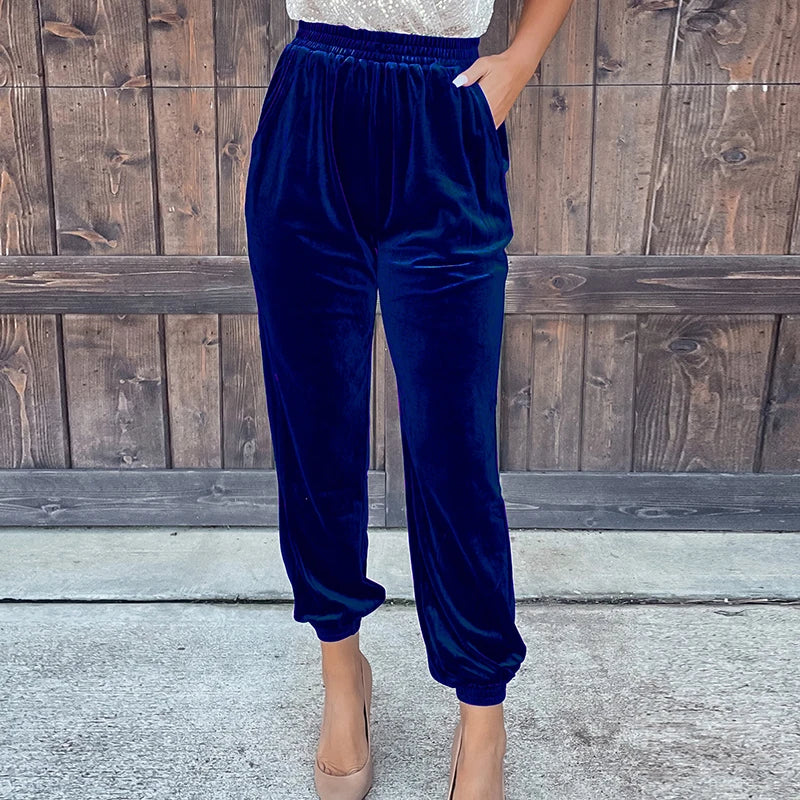 Stylish Red Velvet High Waist Pants for Women - Soft Stretch Elastic Waistband Comfortable Loose Fit Casual Trousers for Fall Winter Fashion (Perfect for Office, Party & Holiday Outfits)