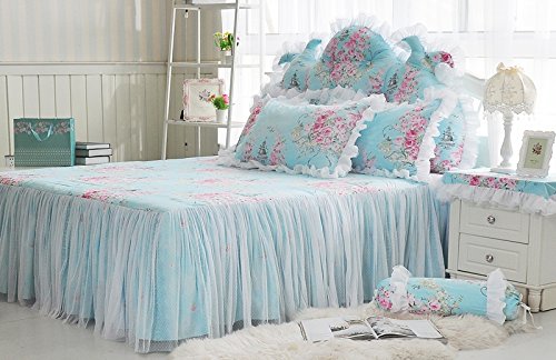 LELVA 4-Piece Floral Bedding Set for Girls - Romantic Rose Print Duvet Cover with Lace Ruffle & Bed Skirt, Full Size Blue - Perfect for Princess Themed Bedrooms & Teen Girl Decor