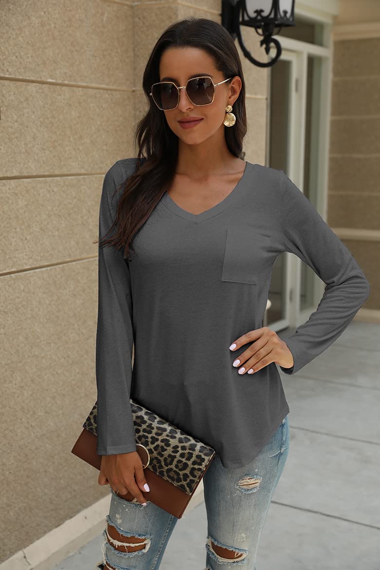 Tobrief Women's Long Sleeve V-Neck T-Shirt with Pocket - Loose Fit Casual Top for Everyday Wear, Work & Outings