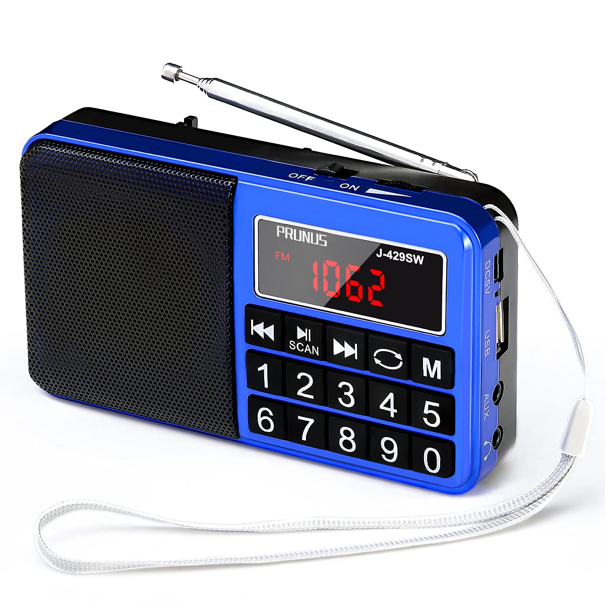 PRUNUS J-429 Portable AM/FM/SW Rechargeable Radio with Digital Tuning, Big Buttons, USB/TF/AUX Input - MP3 Player, Auto Save Memory (Blue) - Perfect for Emergency, Outdoor Camping, and Home Use