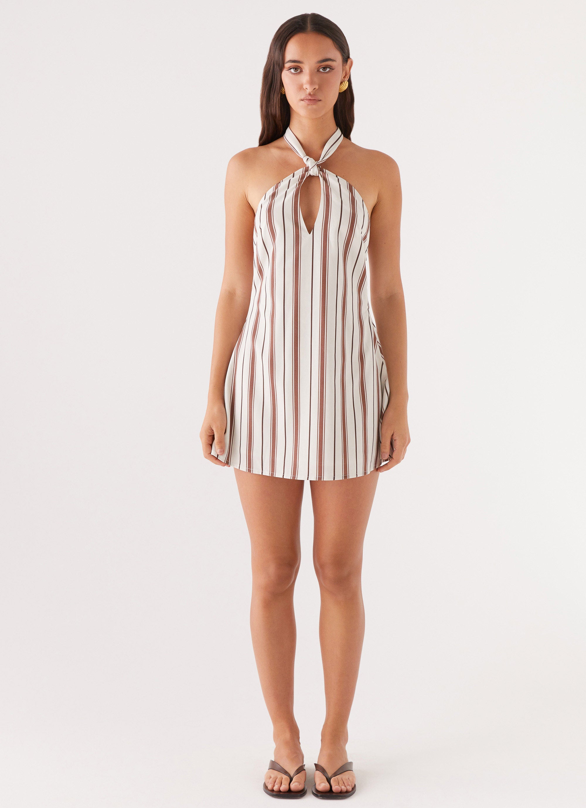 Counting Stars Linen Halterneck Dress - Brown Stripe Summer Beach Dress for Women, Boho Chic Vacation Outfit, Casual Sundress for Pool Party & Date Night