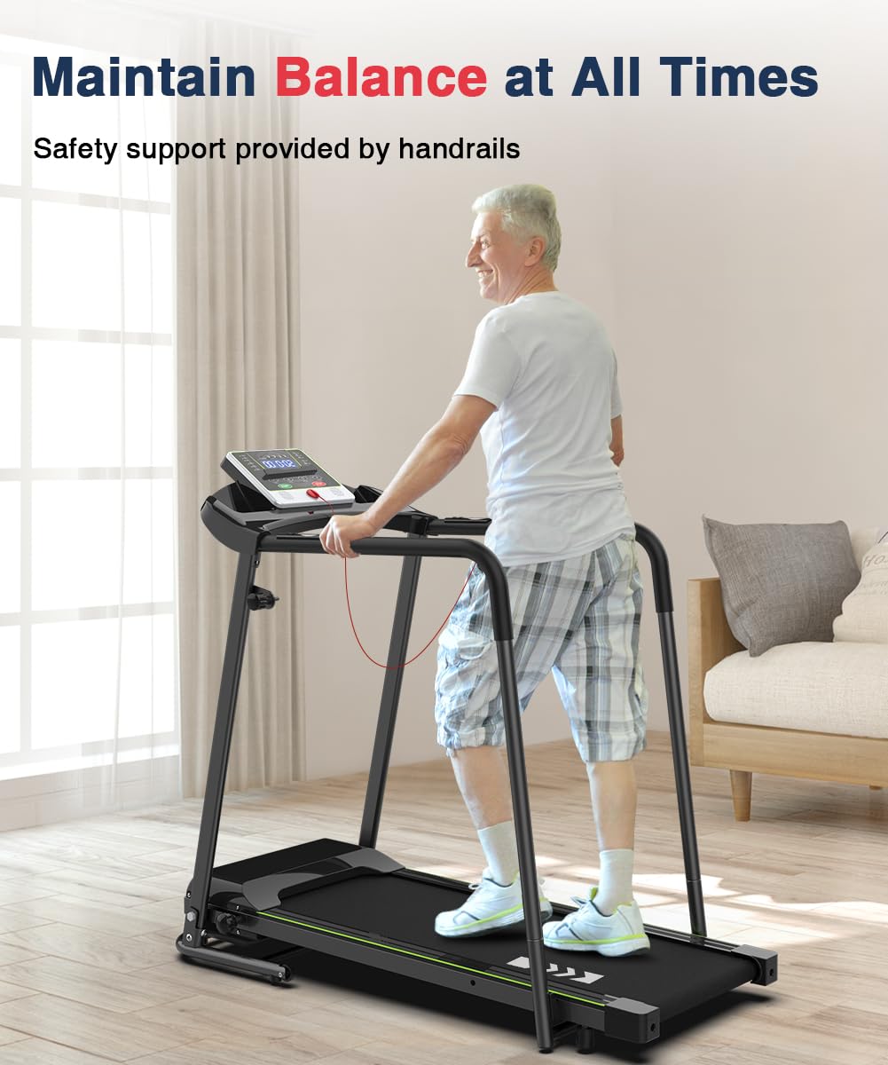 Redliro Foldable Walking Treadmill for Seniors - 300 lbs Weight Capacity with Long Handrail & LCD Display - Home Fitness Exercise Machine with Phone/Cup Holder - Perfect for Elderly Recovery, Low-Impact Workouts & Small Space Home Gyms