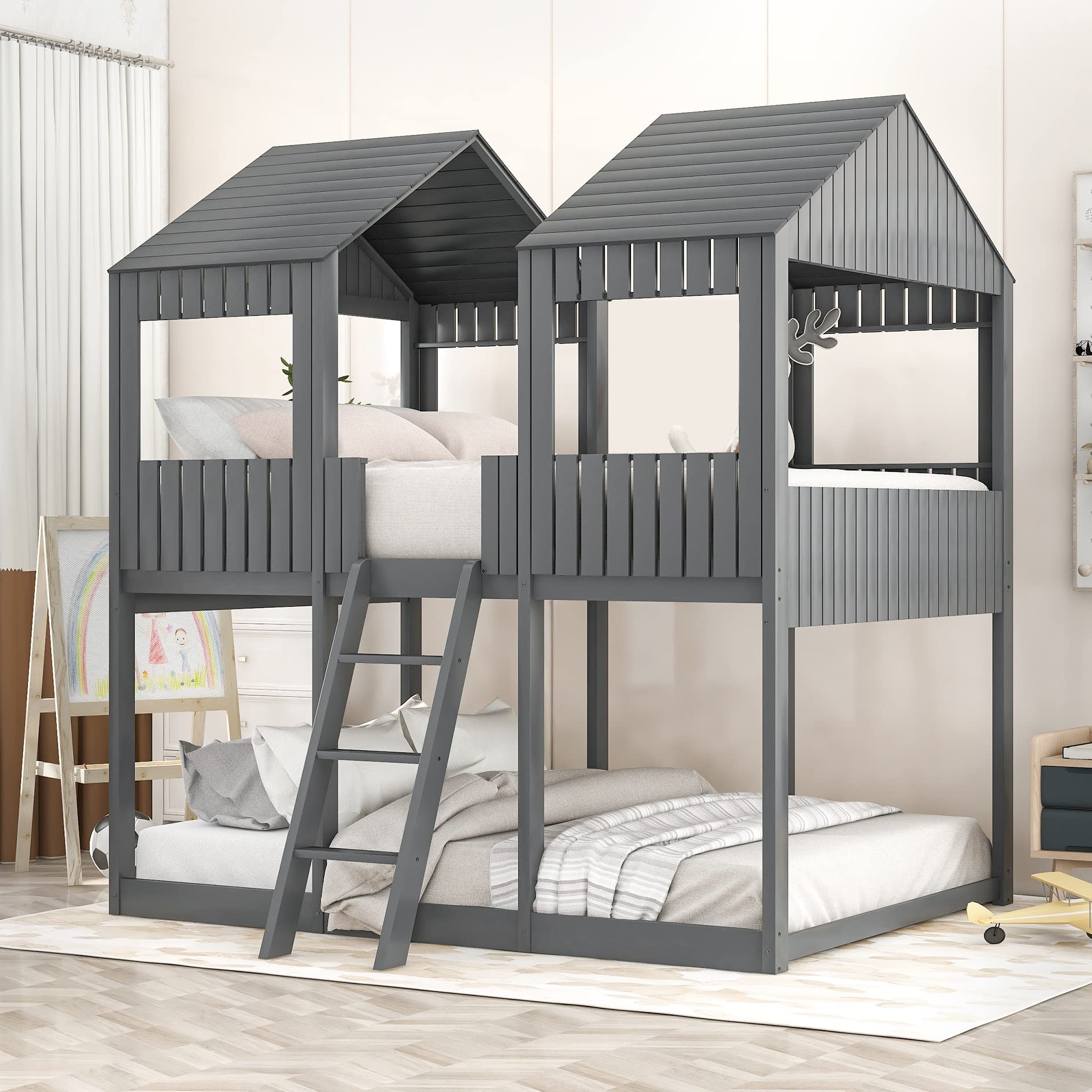Full Over Full Bunk Bed Frame with Roof, Window & Safety Guardrails - No Box Spring Needed for Teens, Boys & Girls - Perfect for Kids' Bedrooms, Dorms & Small Spaces
