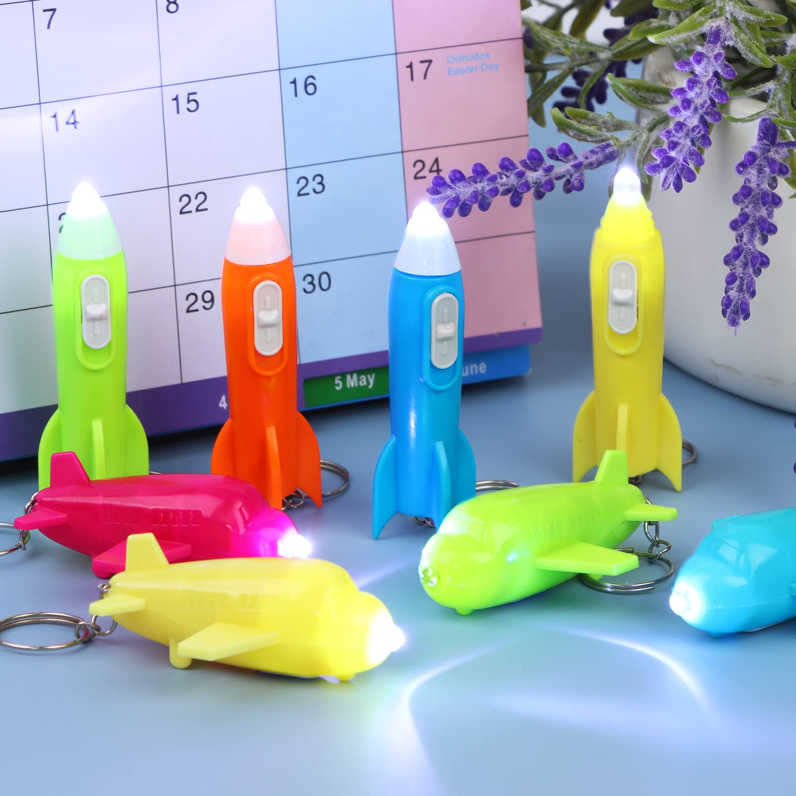 48 Pcs Mini LED Flashlight Keychain - Helicopter, Rocket & Plane Designs - Bulk Outer Space Themed Party Favors for Kids - Perfect for Birthday Gifts, Camping Gear & Emergency Kits