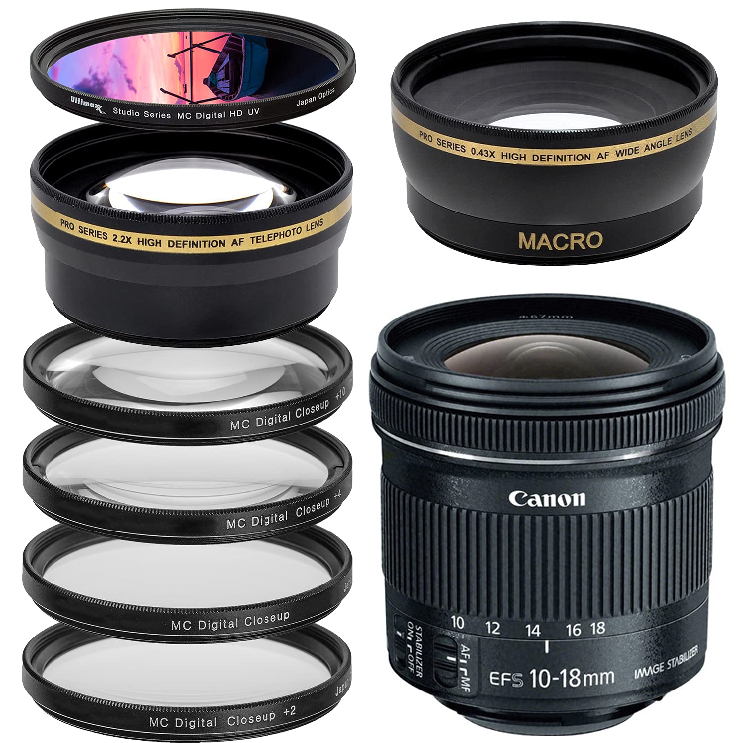 Canon EF-S 10-18mm f/4.5-5.6 IS STM Wide Angle Lens with Filter Kit - Includes Telephoto Lens, 0.43X Wide Angle, 4PC Macro Filters & HD UV Filter for DSLR Photography, Travel & Landscape Shooting