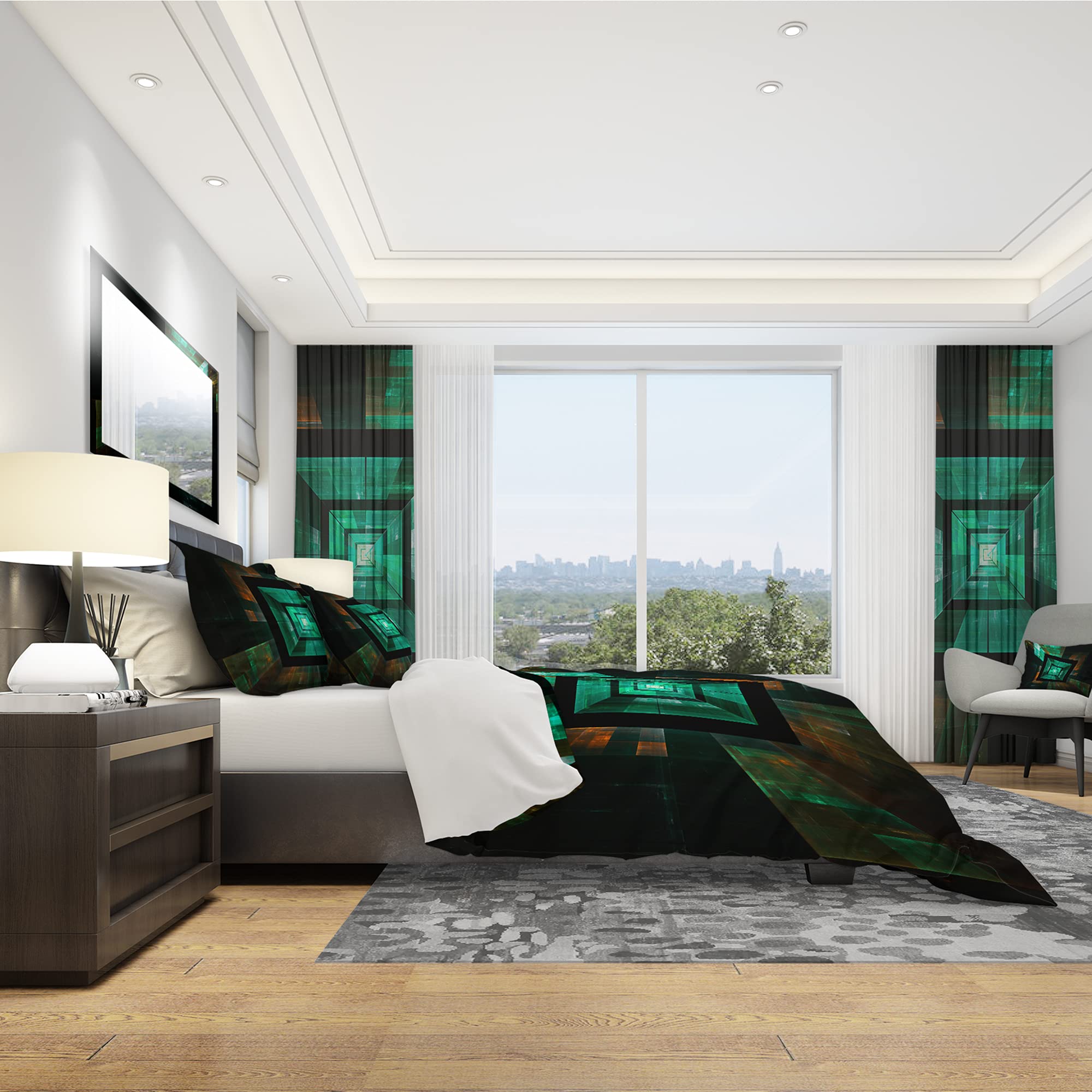 DesignQ Deep Green Infinite Cube Modern Duvet Cover Set - Queen Size Blue Abstract Bedding (3-Piece) | All-Season Contemporary Comforter Cover for Master Bedroom & Guest Room Decor
