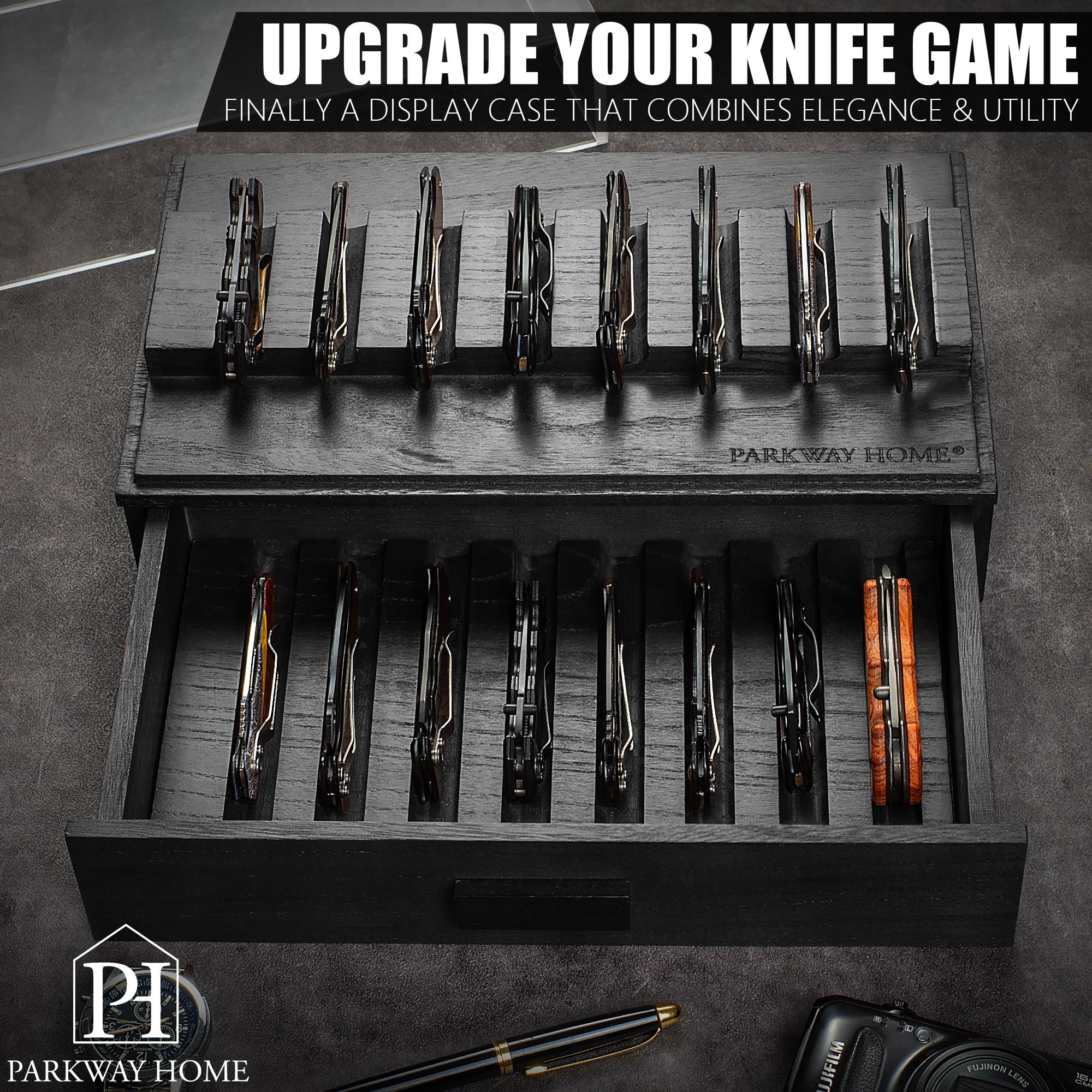 Premium Black Wooden Pocket Knife Display Case - Clear Sturdy Cover Holds 16 Knives - 2-Tier Collector's Case with Removable Drawer for EDC Gear - Perfect for Home Display, Gift Giving & Knife Enthusiast Collections