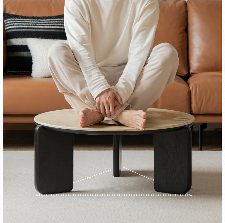 Solid Oak Wood Modern Round Coffee Table - Rustic Farmhouse Living Room Centerpiece for Home Decor