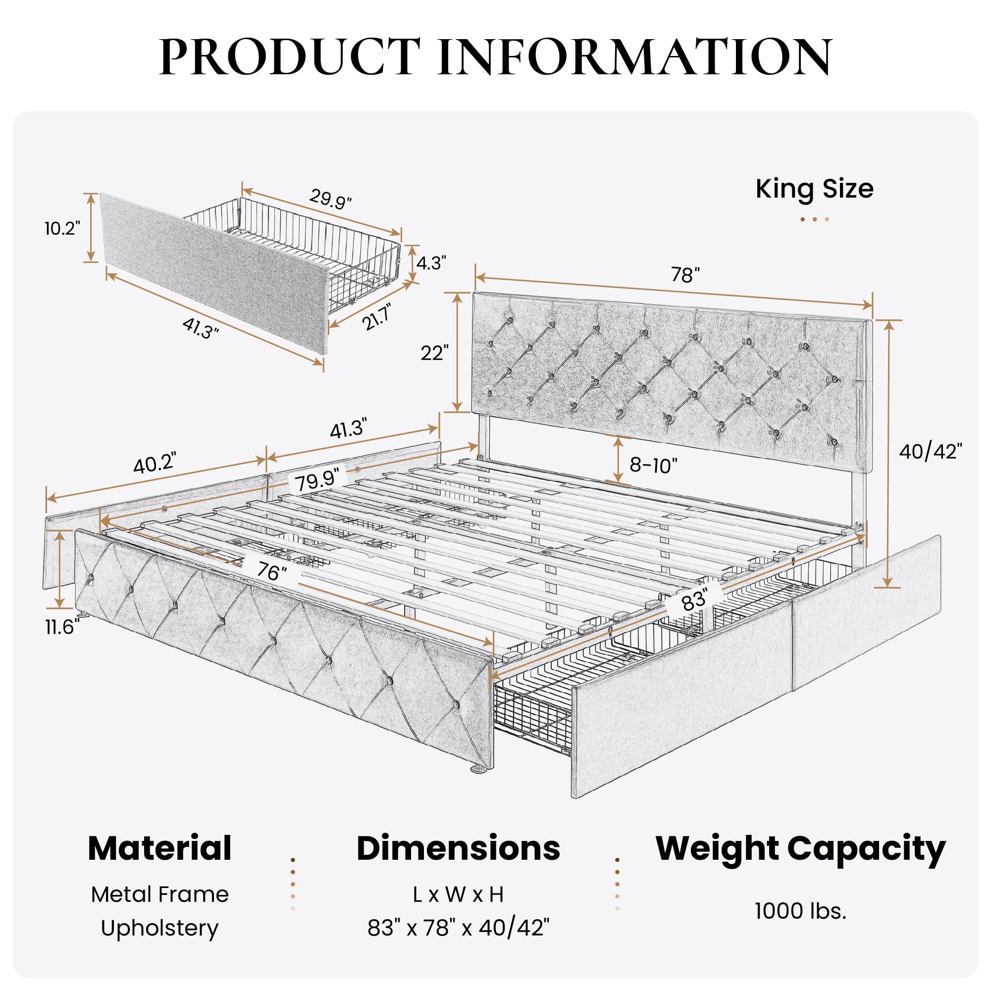 SHA CERLIN Upholstered King Size Platform Bed Frame with 4 Storage Drawers - Adjustable Diamond Stitched Headboard, Wooden Slat Support, No Box Spring Needed (Black Brown) - Perfect for Master Bedroom, Guest Room & Small Space Storage Solutions