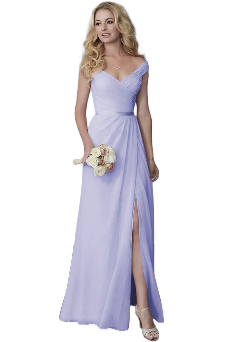 Elegant V-Neck A-Line Chiffon Bridesmaid Dress with Pleats & Side Slit - Formal Party Gown for Women - Perfect for Weddings, Proms & Special Occasions