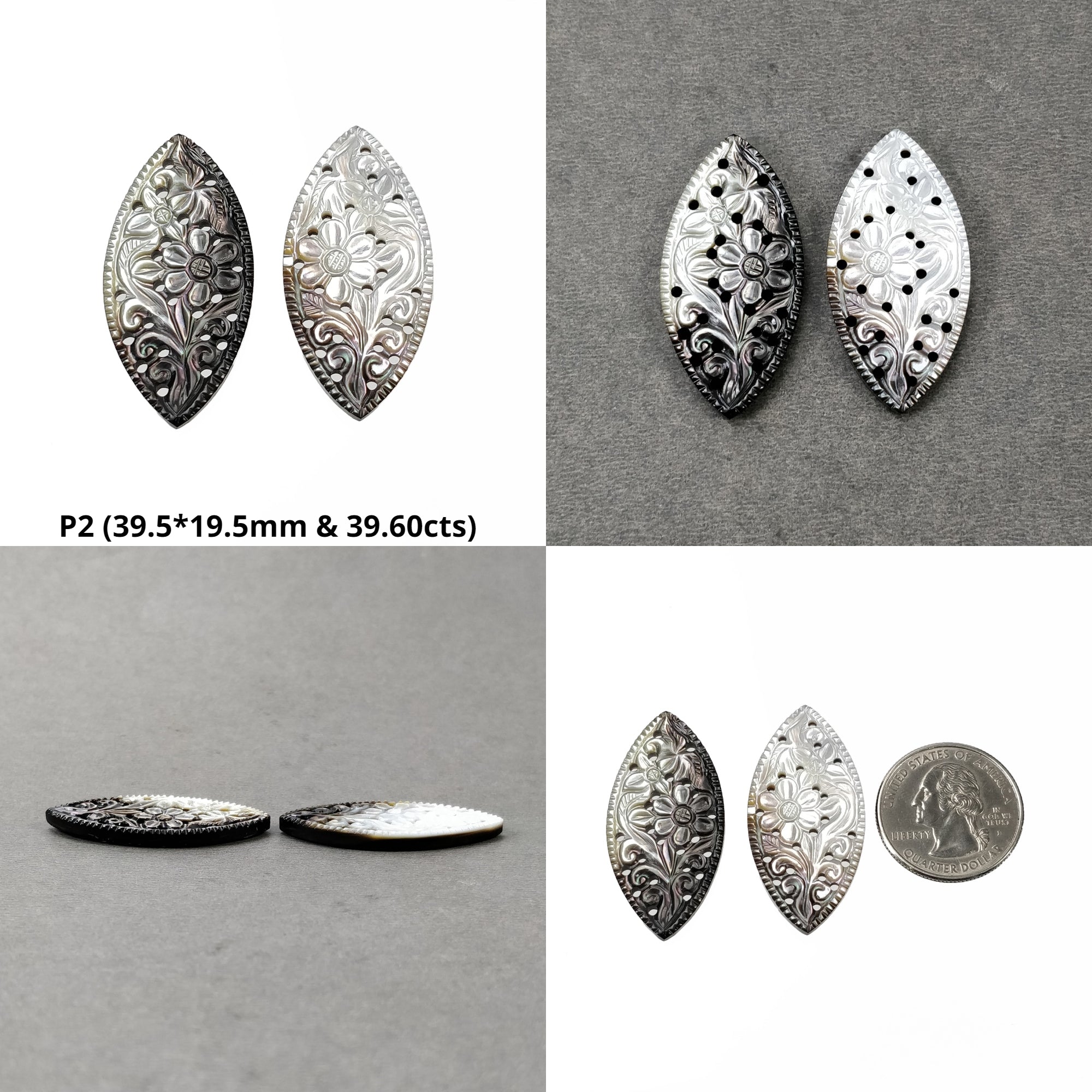Natural Untreated Black Mother of Pearl Gemstone Carving - Hand Carved Pear & Marquise Triangle Shape Pairs for Jewelry Making & DIY Crafts