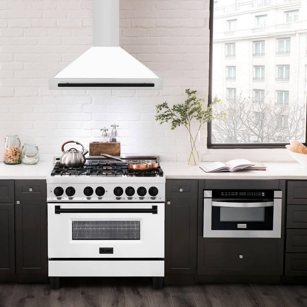 ZLINE KB4STZ WM MB Autograph Edition Convertible Stainless Steel Range Hood - White Matte Shell with Matte Black Accents | Professional Kitchen Ventilation for Modern Homes