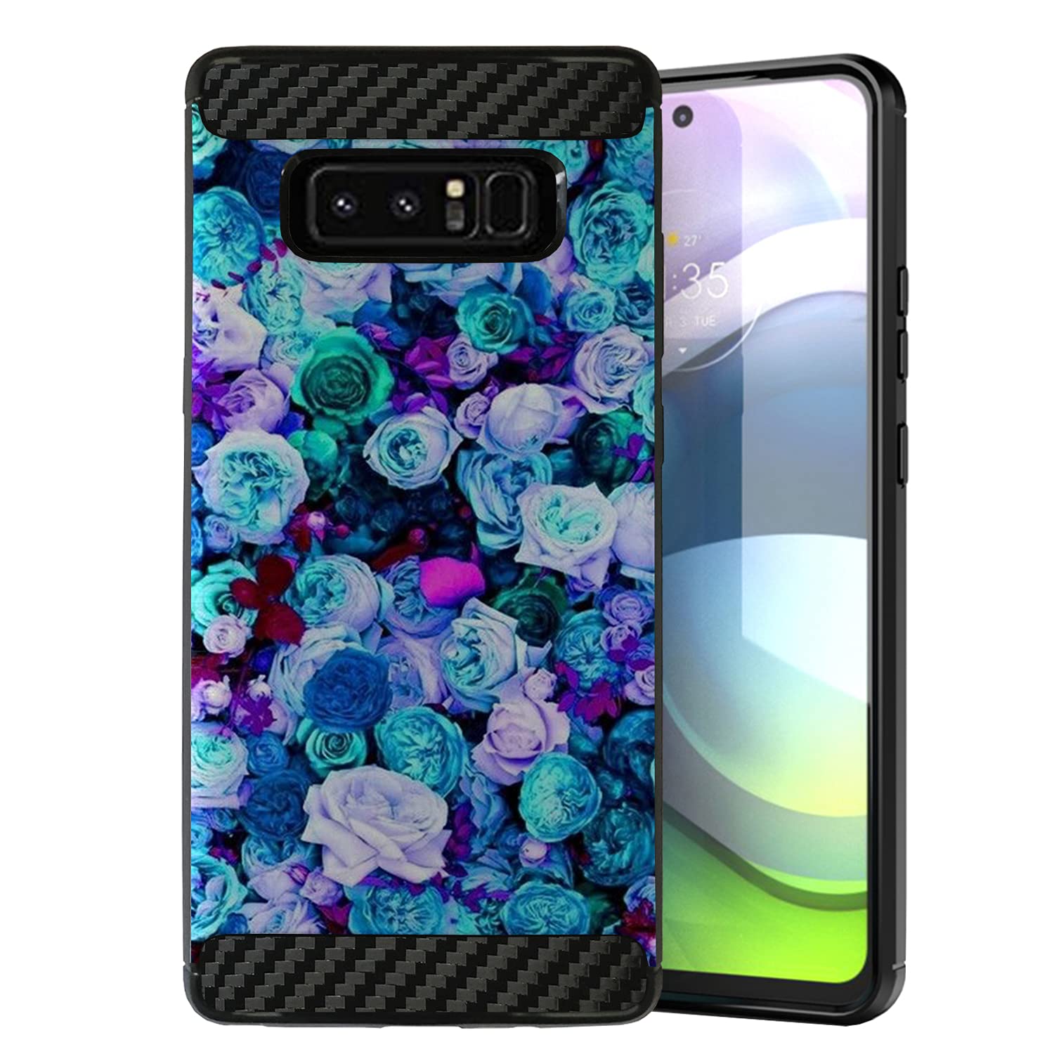 Slim Rubberized Samsung Galaxy Note 8 Case with Carbon Flex Design - Blue Roses Pattern | Durable Protective Cover for Everyday Use, Work & Travel