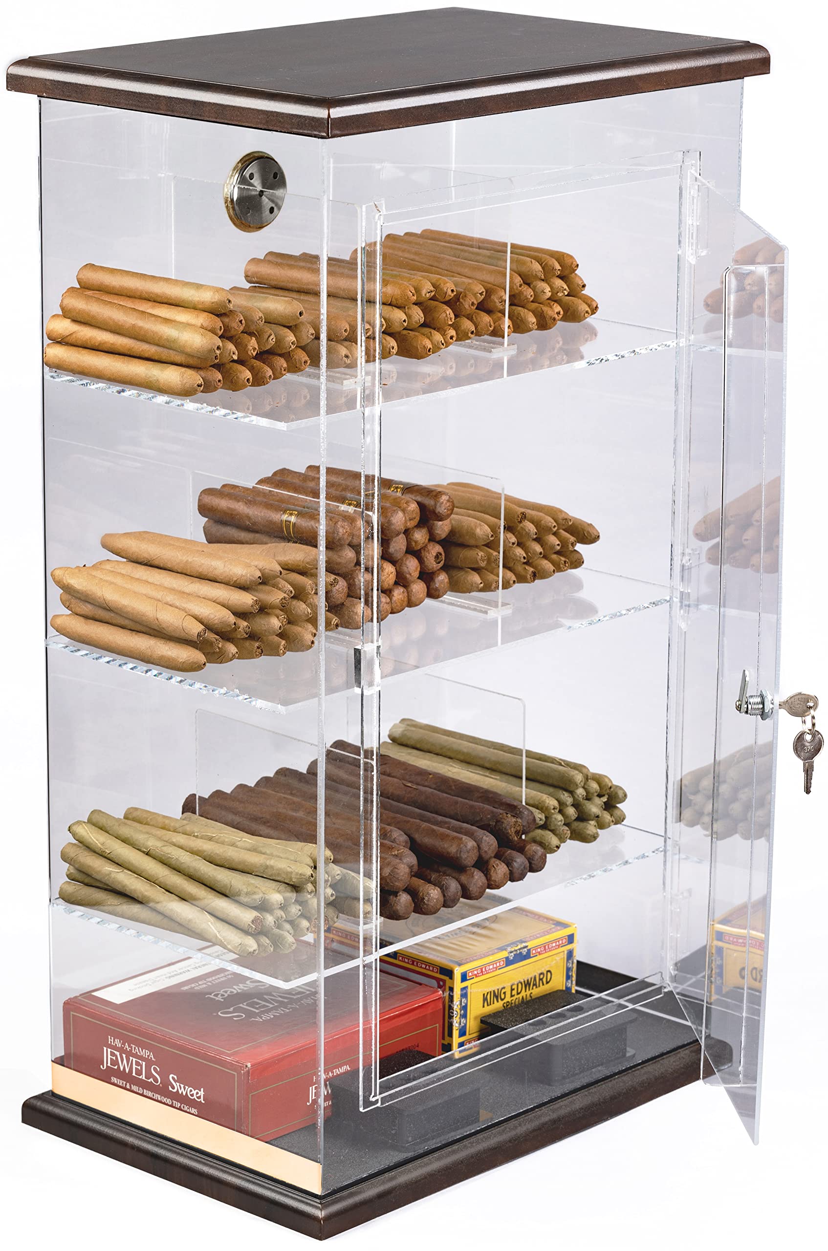 Prestige Import Group Roosevelt 250-Count Acrylic Cigar Humidor Case with Wood Base & Top, 9 Storage Bins & Built-in Hygrometer - Premium Cigar Storage Solution for Home, Office or Lounge