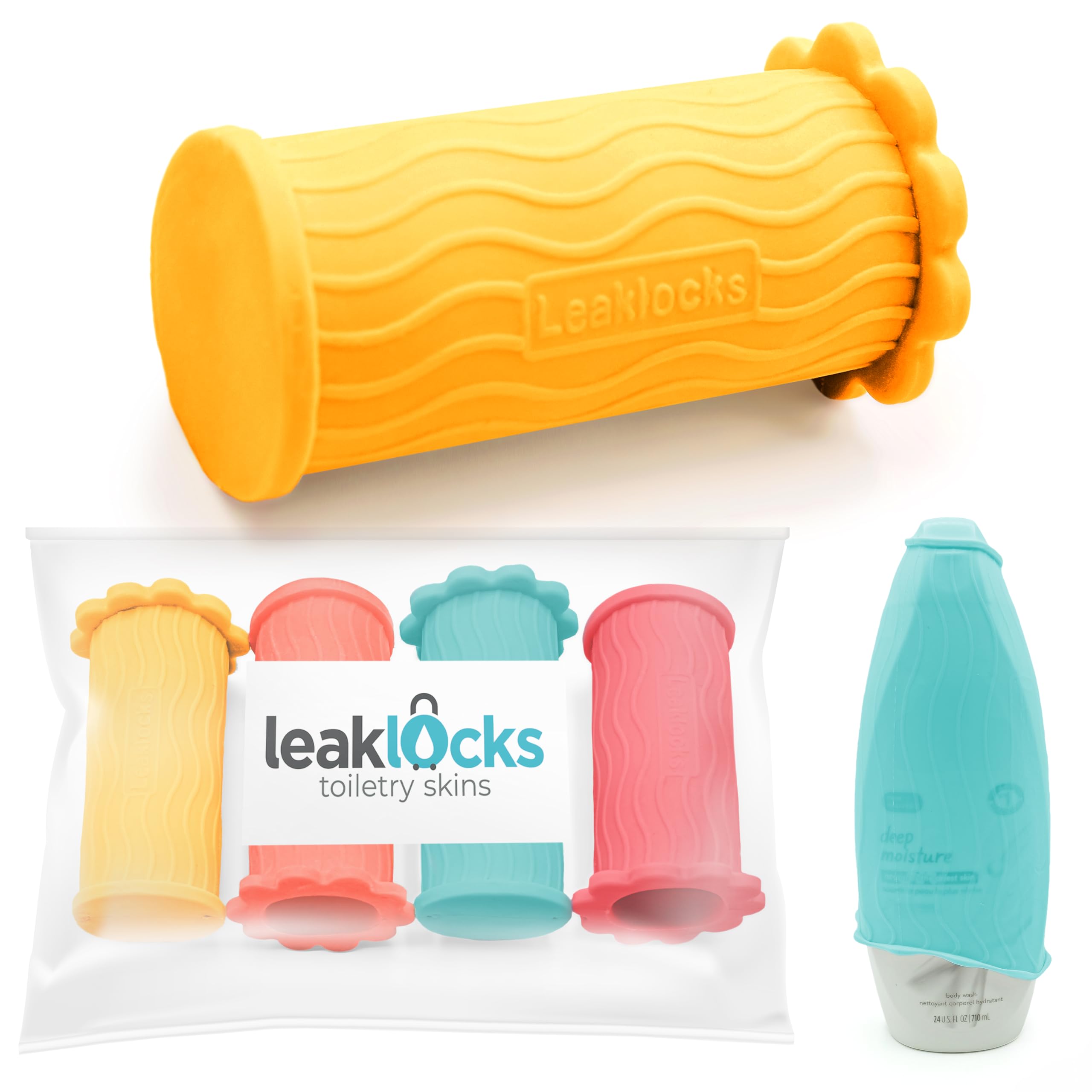 LeakLocks® Toiletry Skins™ Elastic Sleeve - Leak Proof Travel Container Cover for Standard & Travel Size Toiletries | Reusable Luggage Accessory for Suitcase, Carry-on & Travel Bags | Perfect for Airplane Trips, Camping & Business Travel