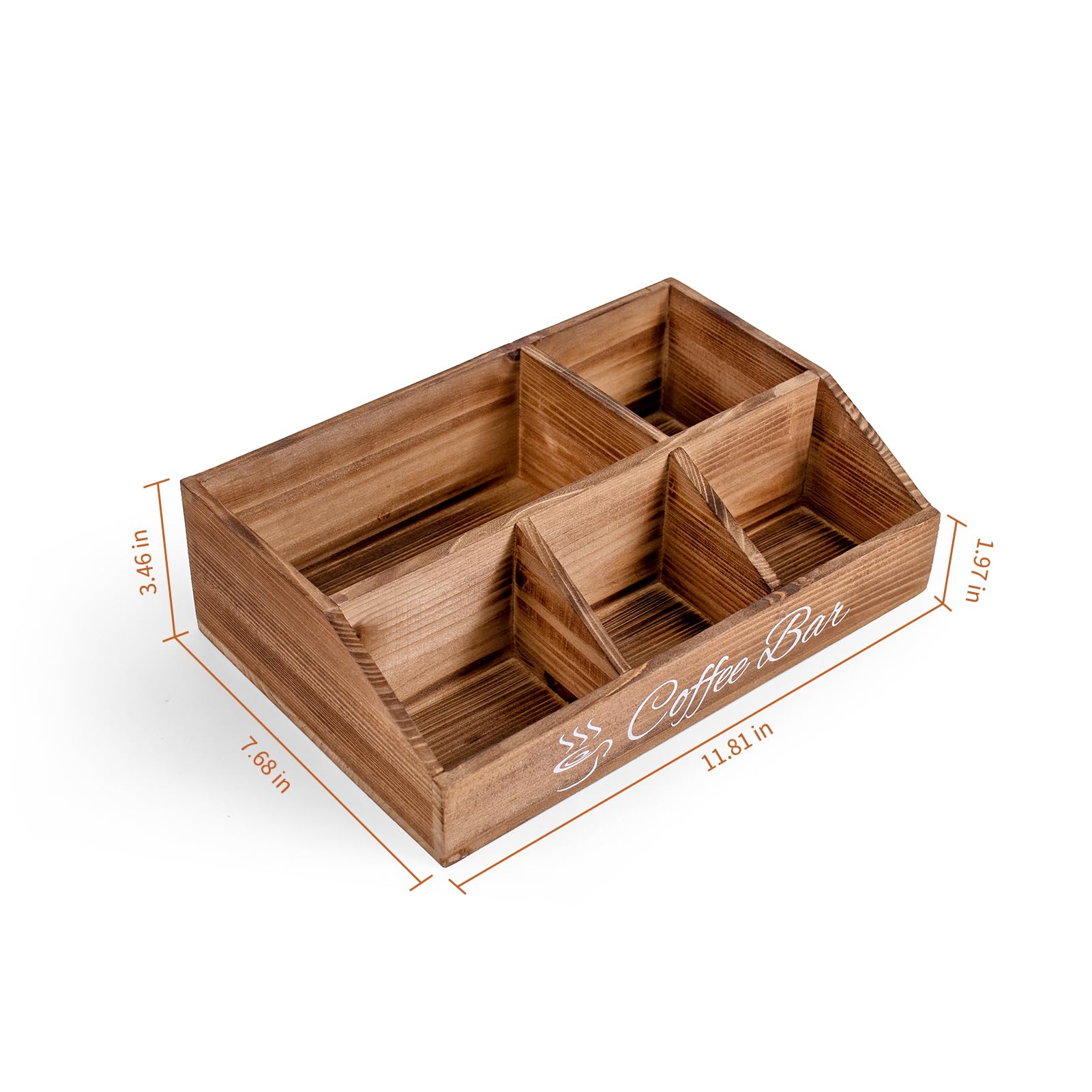 Rustic Brown Wooden Coffee Bar Organizer - Farmhouse Kitchen Counter Accessories Box for Tea, Condiments, Pods, Syrup, Bags, Cups & Stirrers - Wooden Storage Basket for Coffee Station - Perfect for Home, Office & Cafe Decor
