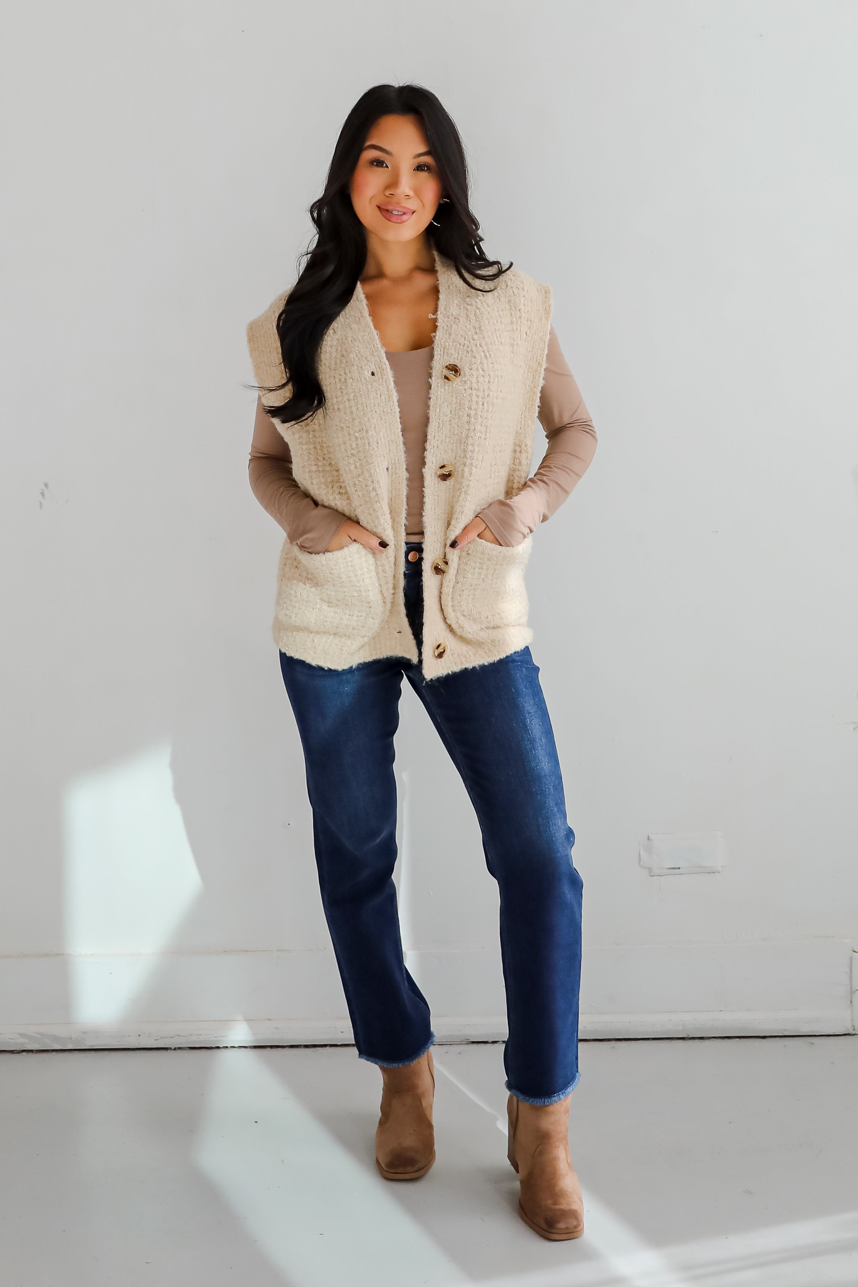 Cozy Oatmeal Fuzzy Knit Sweater Vest for Women - Soft Winter Layering Piece | Perfect for Office, Casual Outfits & Holiday Gatherings