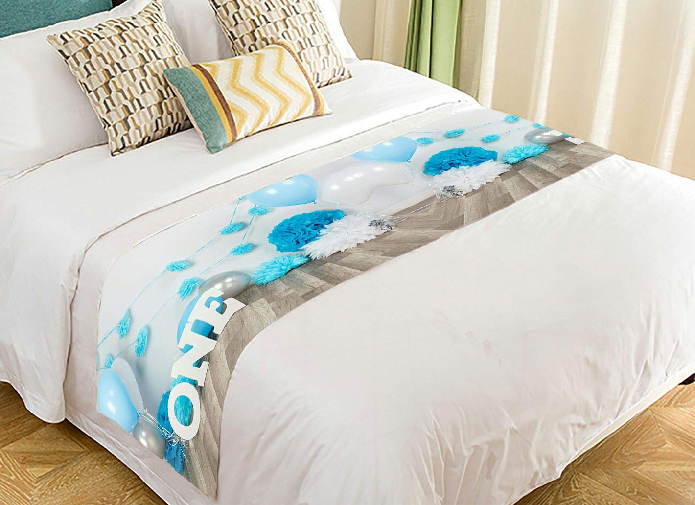 ABPHQTO Gourmet Cake Blue Balloons Cake Smash Bed Runner - 20x95 Inch First Birthday Decor, Bed Scarf & Nursery Bedding for Baby's 1st Year Photo Shoot