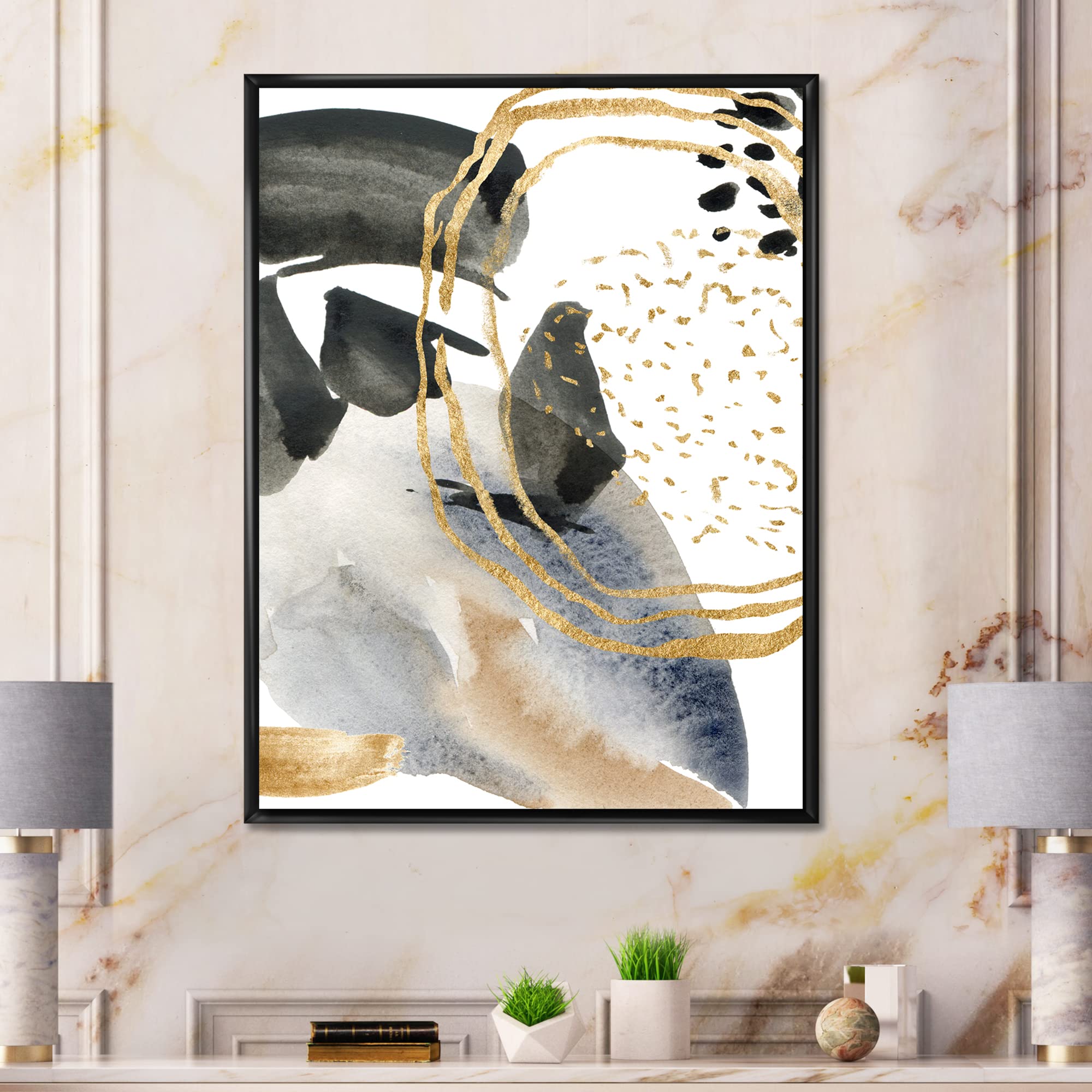 Pastel Abstract Framed Canvas Wall Art with Blue, Black, Beige & Gold Spots - Modern Home Decor for Living Room, Bedroom & Office