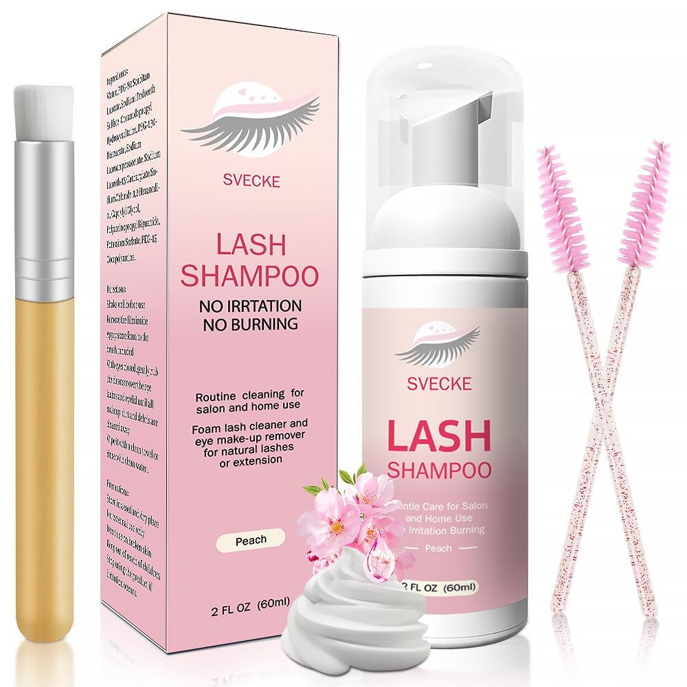 **Lash Shampoo Kit for Eyelash Extensions – 2 fl.oz / 60ml Eyelash Extension Cleanser & Foam Cleaner – Salon & Home Use (Peach Scent) – Gentle Care for Sensitive Eyes & Long-Lasting Lashes**    *(Perfect for Daily Lash Hygiene, Post-Extension Care, and Removing Makeup Residue)*