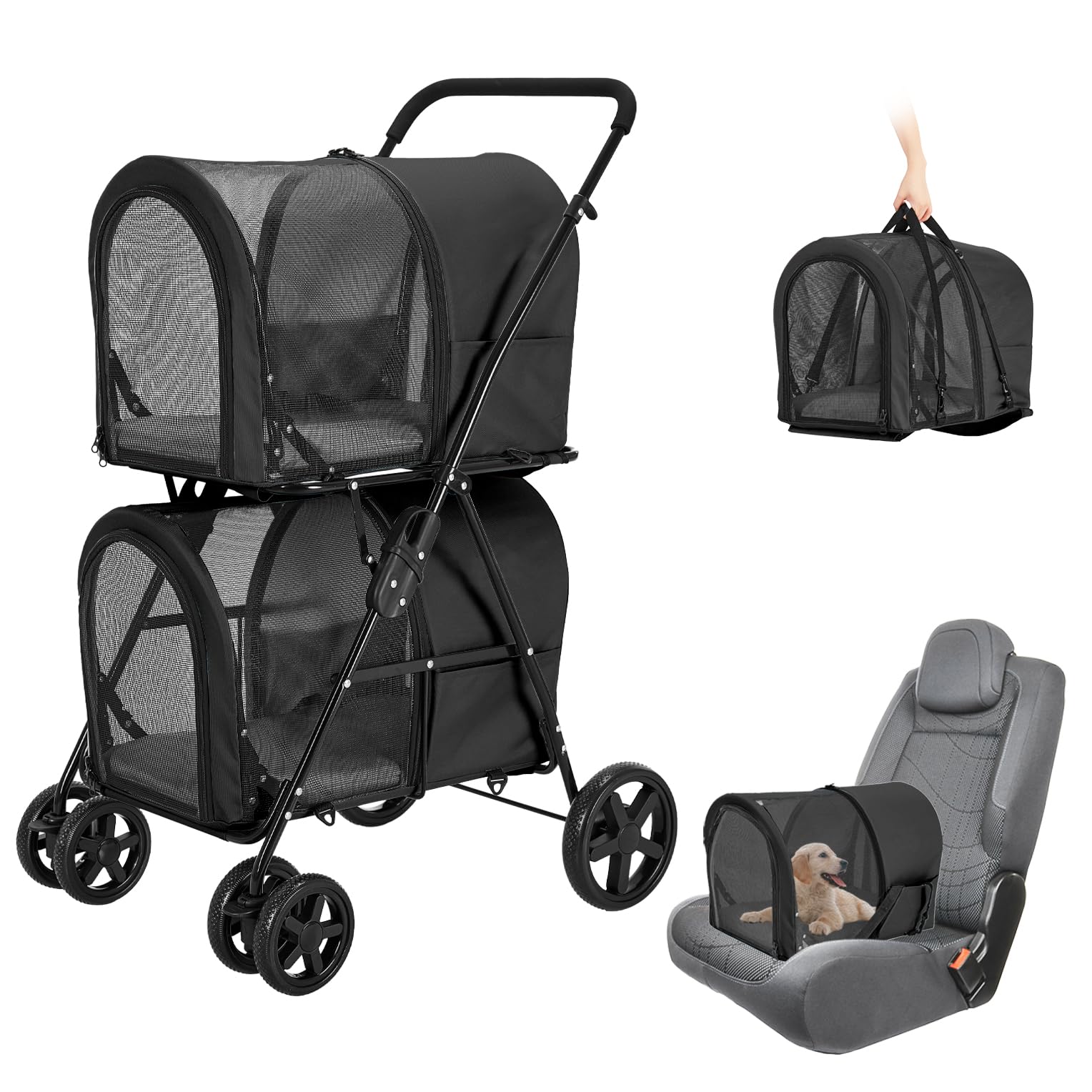Double Pet Stroller for Dogs & Cats - 2 Detachable Carriers, Quick-Folding Design for Small/Medium Pets, 4-Wheel Black Stroller | Perfect for Park Walks, Vet Visits & Shopping Trips