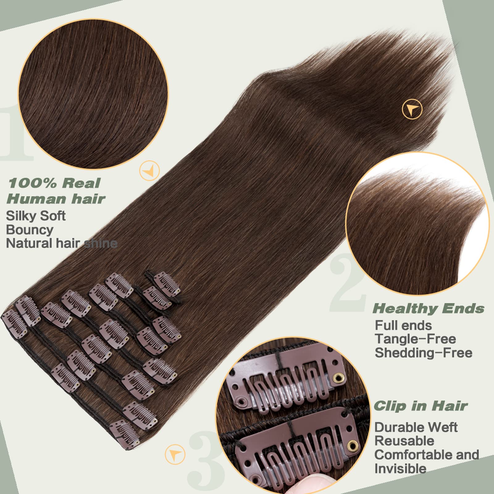 S-noilite Clip-in Human Hair Extensions - 8 Pieces, 18 Clips, 100% Real Human Hair, Silky Straight, 10