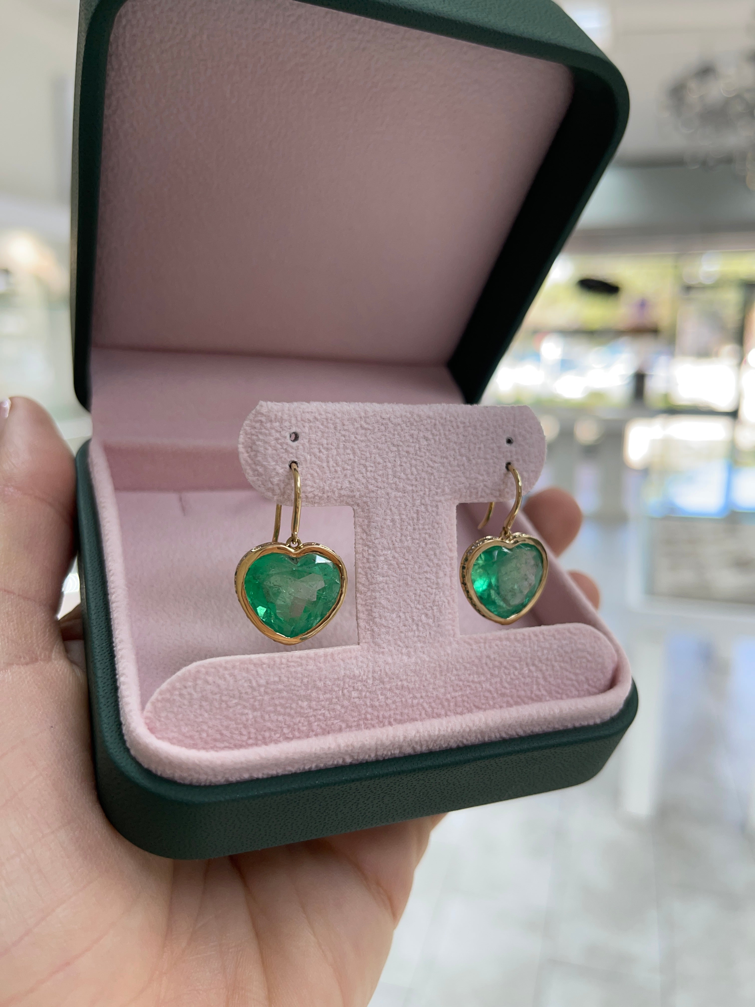 17.40tcw Bubbly Colombian Emerald Heart Dangle Earrings with Ombre Diamond & Emerald Bezel in 18K Gold – Elegant Jewelry for Weddings, Parties & Special Occasions