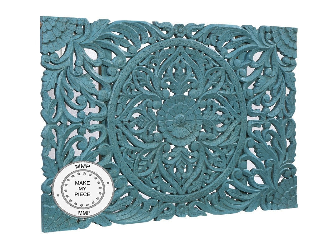 Hand Carved Indian Wooden Panel Bedhead in Blue - Exquisite Dynasty Design for Bedroom Decor | Perfect for Master Bedroom, Guest Room & Meditation Space