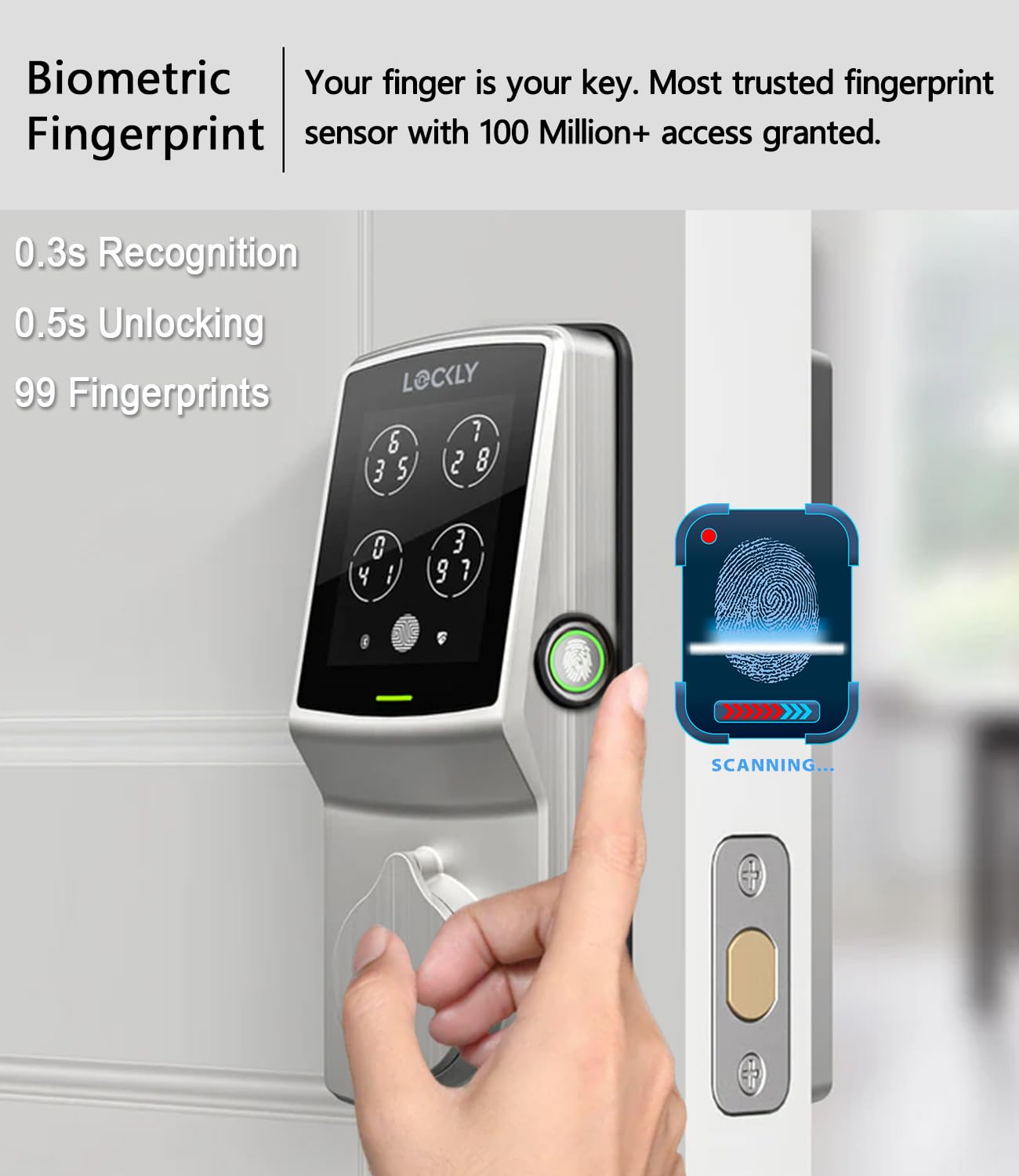 Lockly Secure Plus Smart Door Lock - Keyless Entry with PIN Genie® Keypad & 3D Fingerprint Sensor - Auto-Locking Deadbolt for Front Doors (Satin Nickel) - Ideal for Home Security & Smart Home Automation