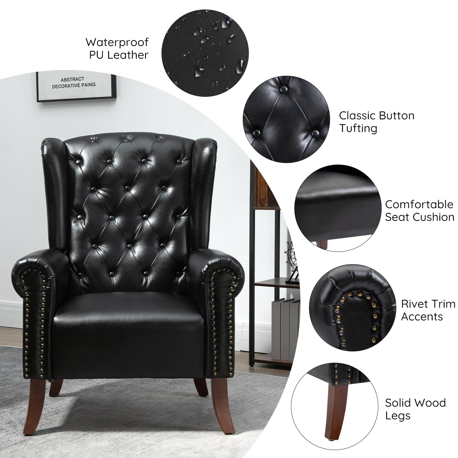 MOJAY PU Leather Accent Chair - Mid-Century Modern Living Room Armchair with Sturdy Wooden Legs, Faux Leather Upholstered Club Chair for Bedroom, Study, Home Office & Reception Areas (Black) | Stylish Seating for Relaxing, Reading & Working