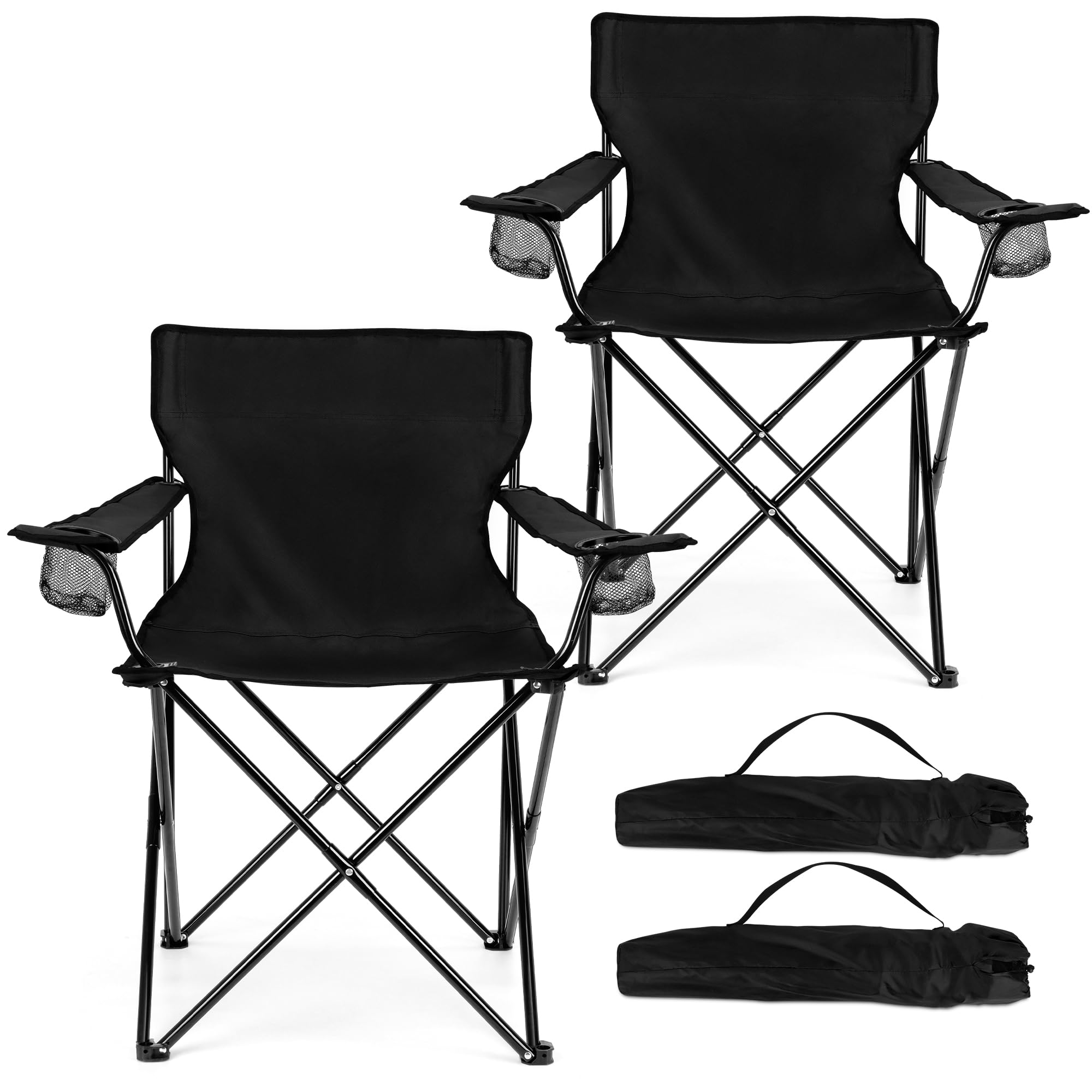 HaSteeL 2-Pack Foldable Camping Chairs for Adults - Heavy Duty 275lbs Capacity Portable Folding Lawn Chairs with Storage Bags - Perfect for Outdoor Camping, Fishing, Hiking, Beach, Picnic & Travel (Black)