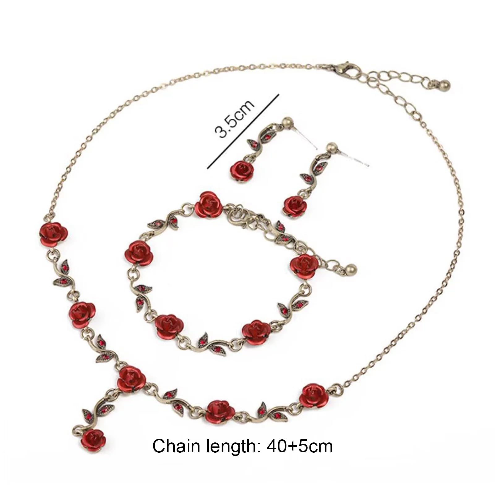 Vintage Rose Flower Jewelry Set for Women - 3Pcs Red Rose Necklace, Earrings & Bracelet - Elegant Bridal Wedding, Prom, Valentine's Day Gift - Perfect for Anniversary, Birthday Party & Special Occasions
