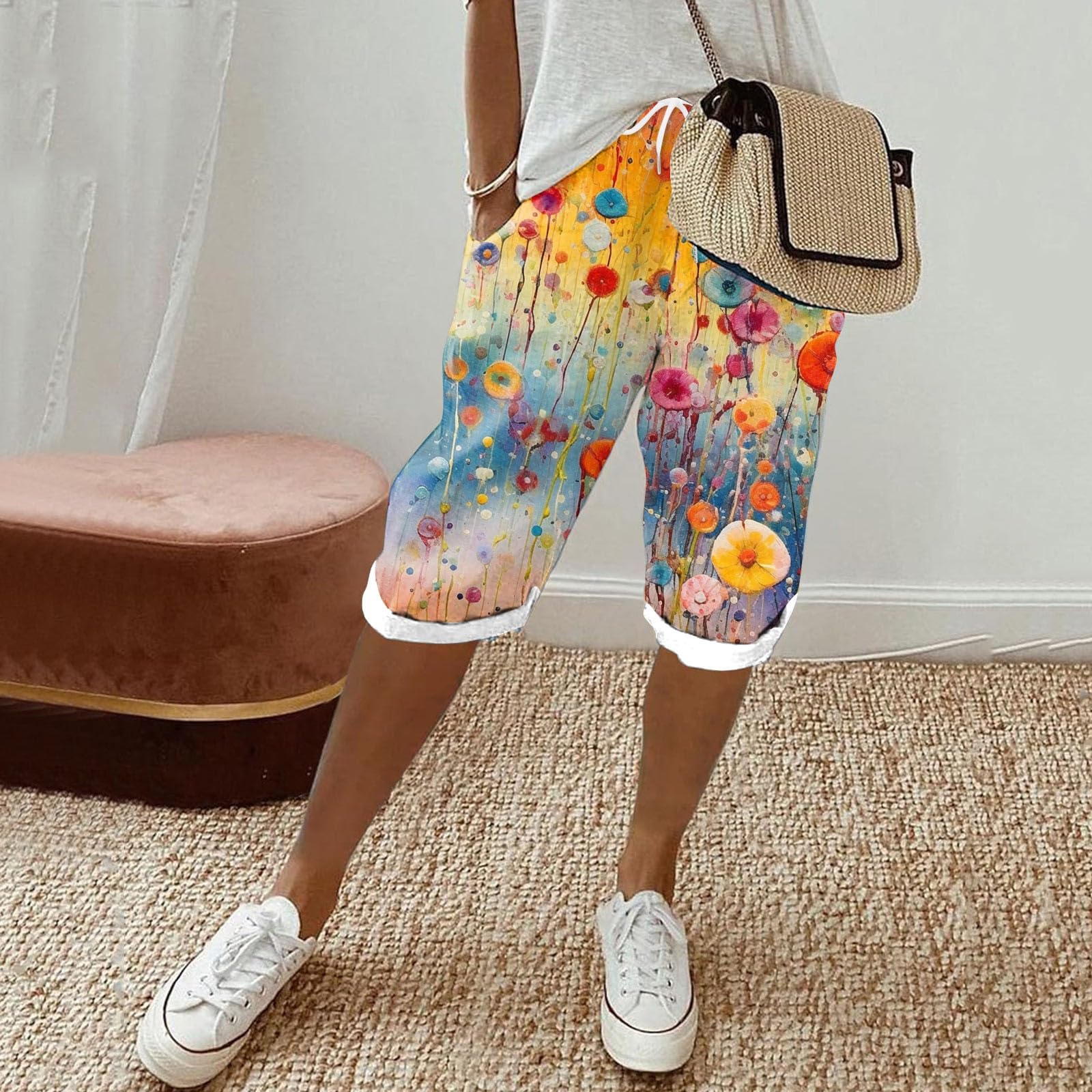 Women's Floral Linen Bermuda Shorts with Pockets - Summer Casual Wear