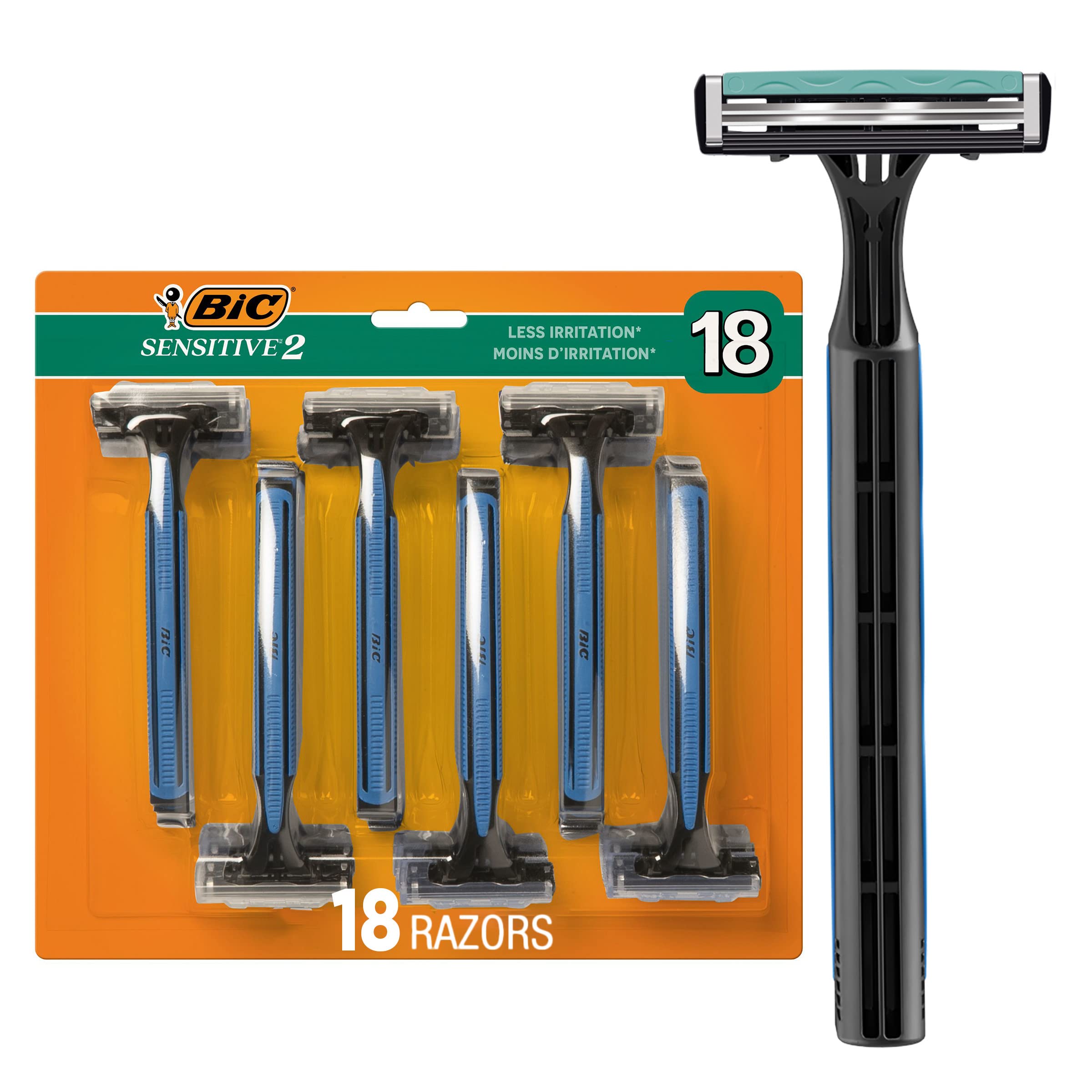 BIC Sensitive 2 Disposable Razors for Men - 18 Count Value Pack with 2 Blades for Sensitive Skin | Smooth Shaving for Daily Use & Travel | Gentle on Face, Neck & Body