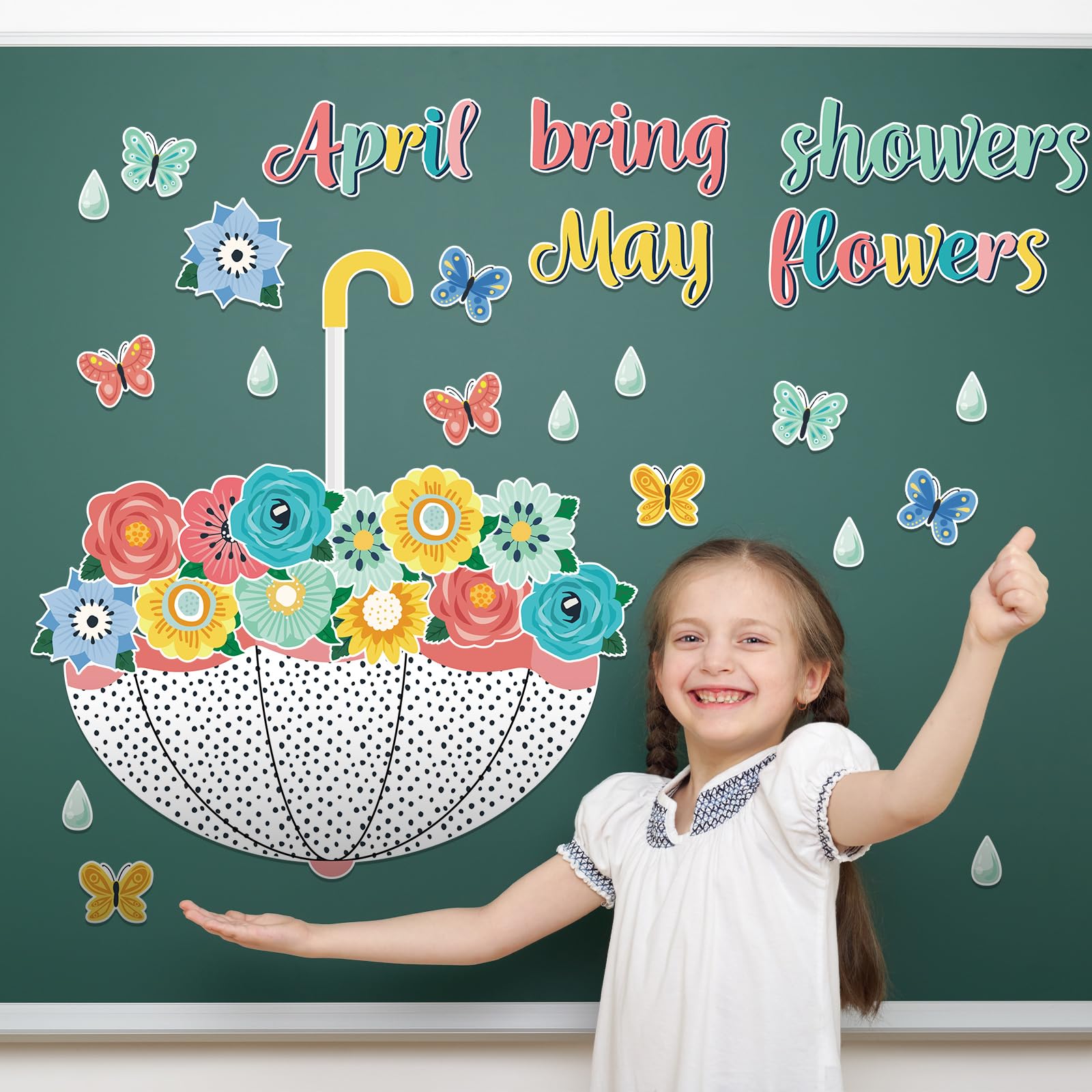 Gueevin Spring Bulletin Board Decorations - April Showers Bring May Flowers Cutouts for Classroom, Whiteboard, Window & Home Party Decor (Simple Style) - Perfect for Spring Classroom Themes, Seasonal Displays & DIY Home Decor