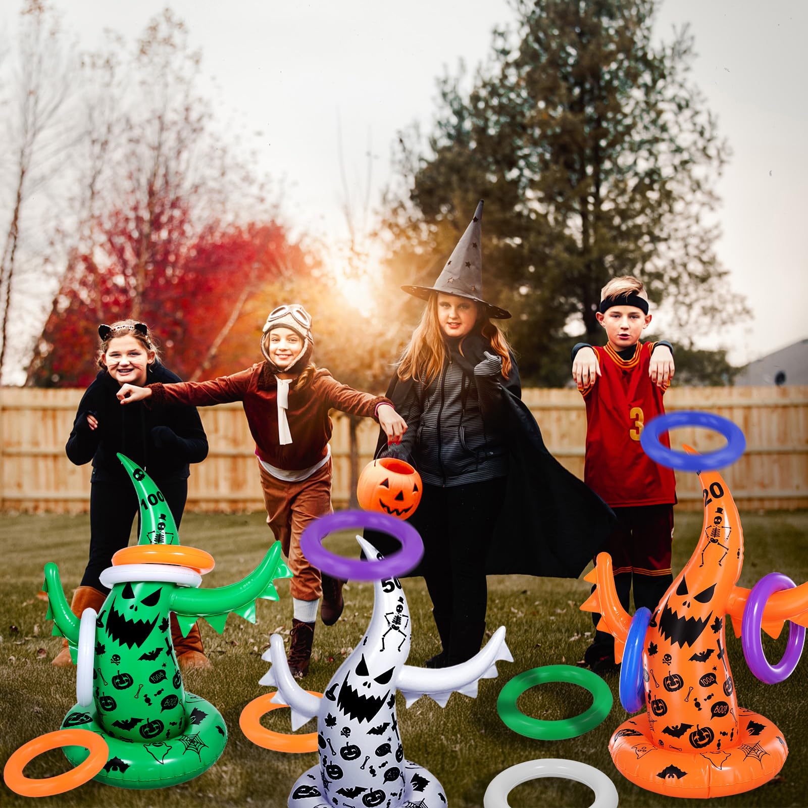 Halloween Ring Toss Game Set - 5 Pack Inflatable Ghost & Witch Hat Toss Games for Kids, Perfect for School Parties, Carnival Events & Indoor/Outdoor Halloween Activities - Fun Halloween Party Supplies & Favor Ideas