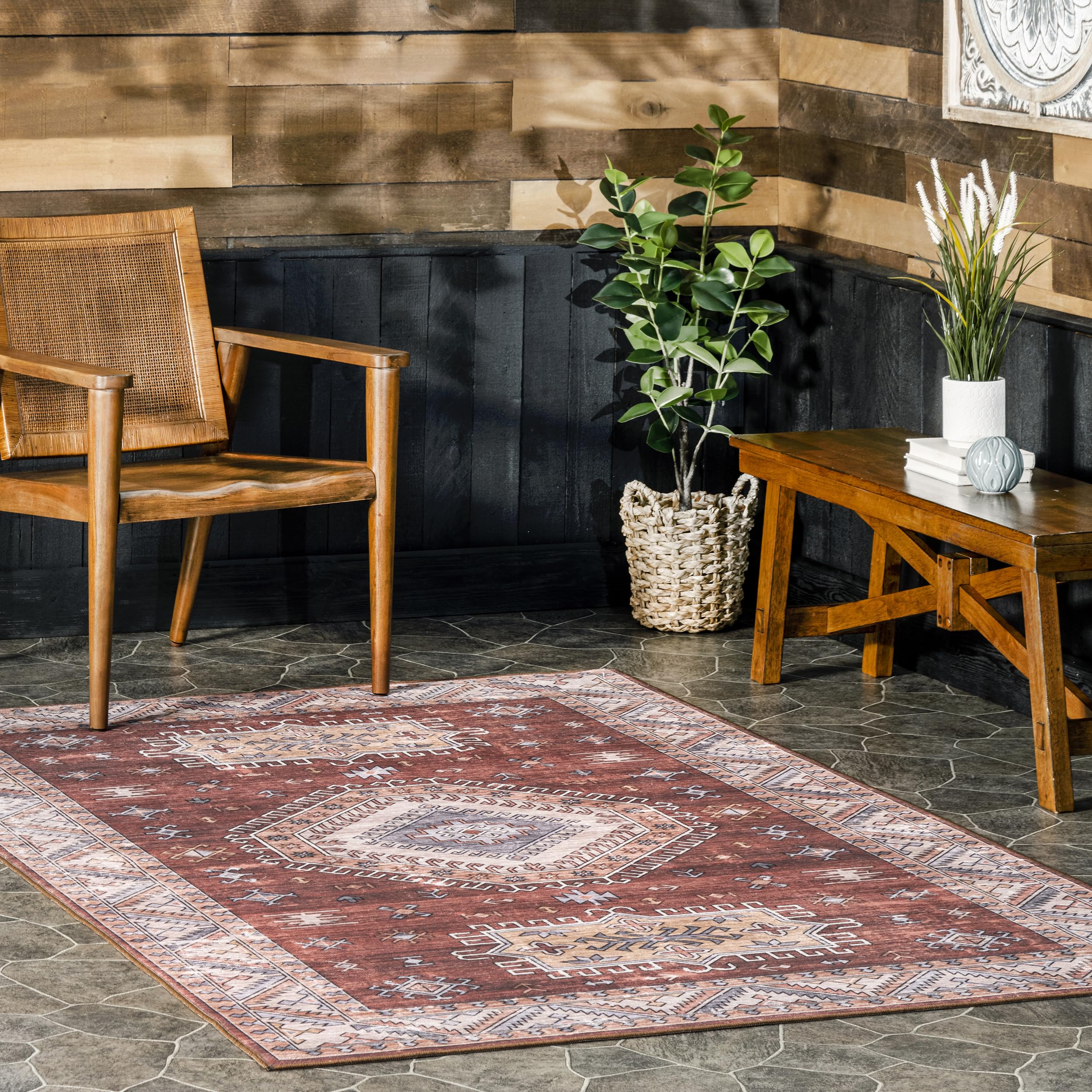 nuLOOM Kera Oriental Style 5x8 Machine Washable Indoor/Outdoor Area Rug in Rust - Perfect for Living Room, Bedroom, Patio & High Traffic Areas