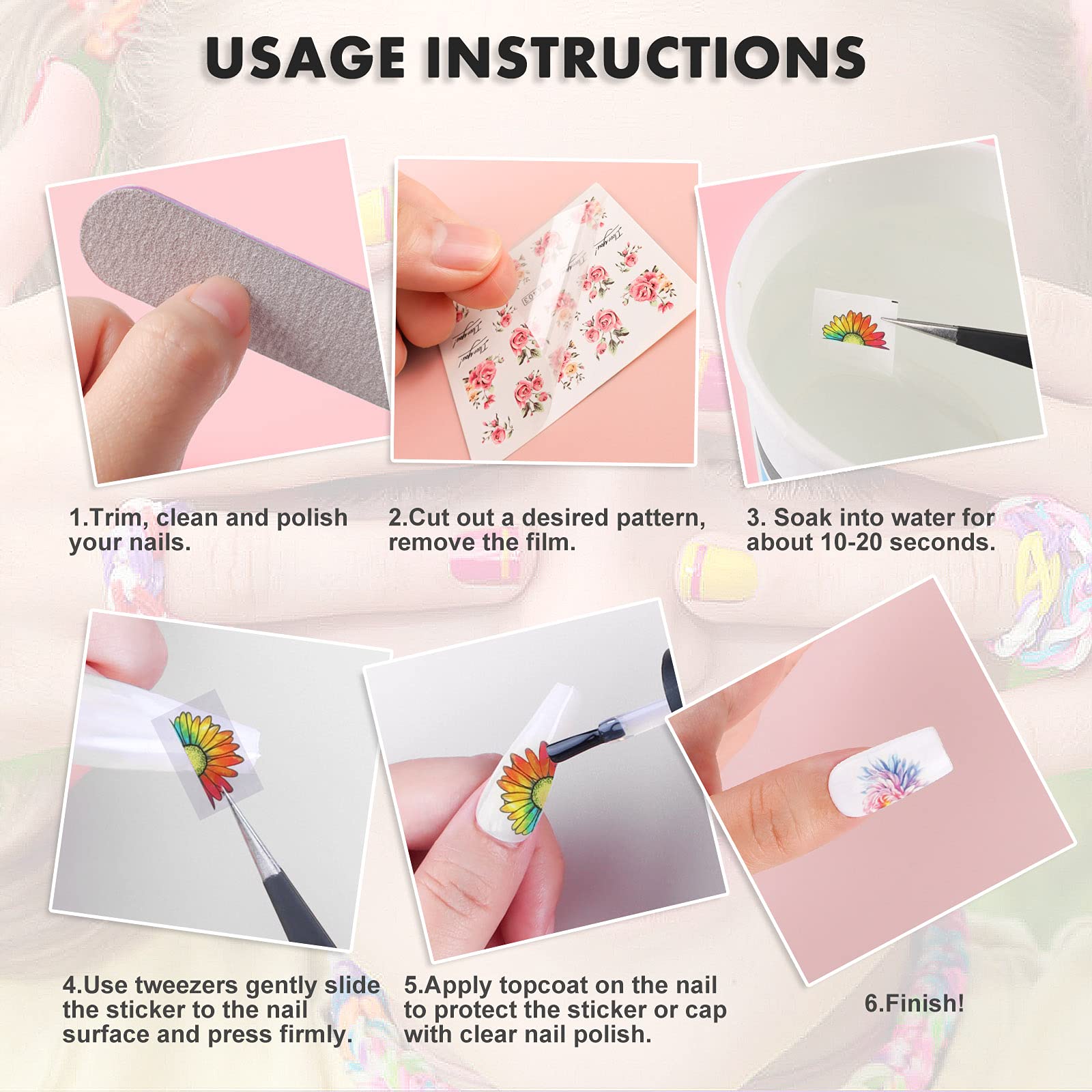 48 Sheets Floral Water Transfer Nail Art Stickers - DIY Nail Decals for Girls with Scissors & Tweezers - Perfect for Home Manicures, Parties & Gifts