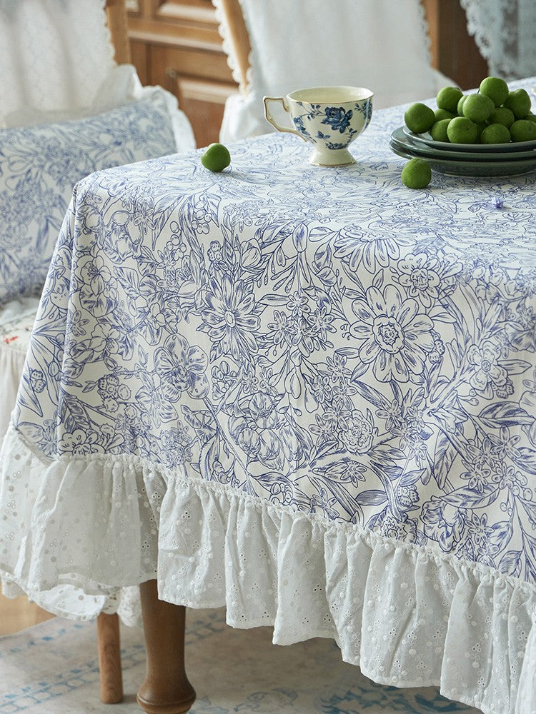 Natural Cotton Rectangle Tablecloth for Dining Room - Blue Floral Farmhouse Table Cover for Square or Round Tables | Perfect for Spring Decor, Dinner Parties & Everyday Use